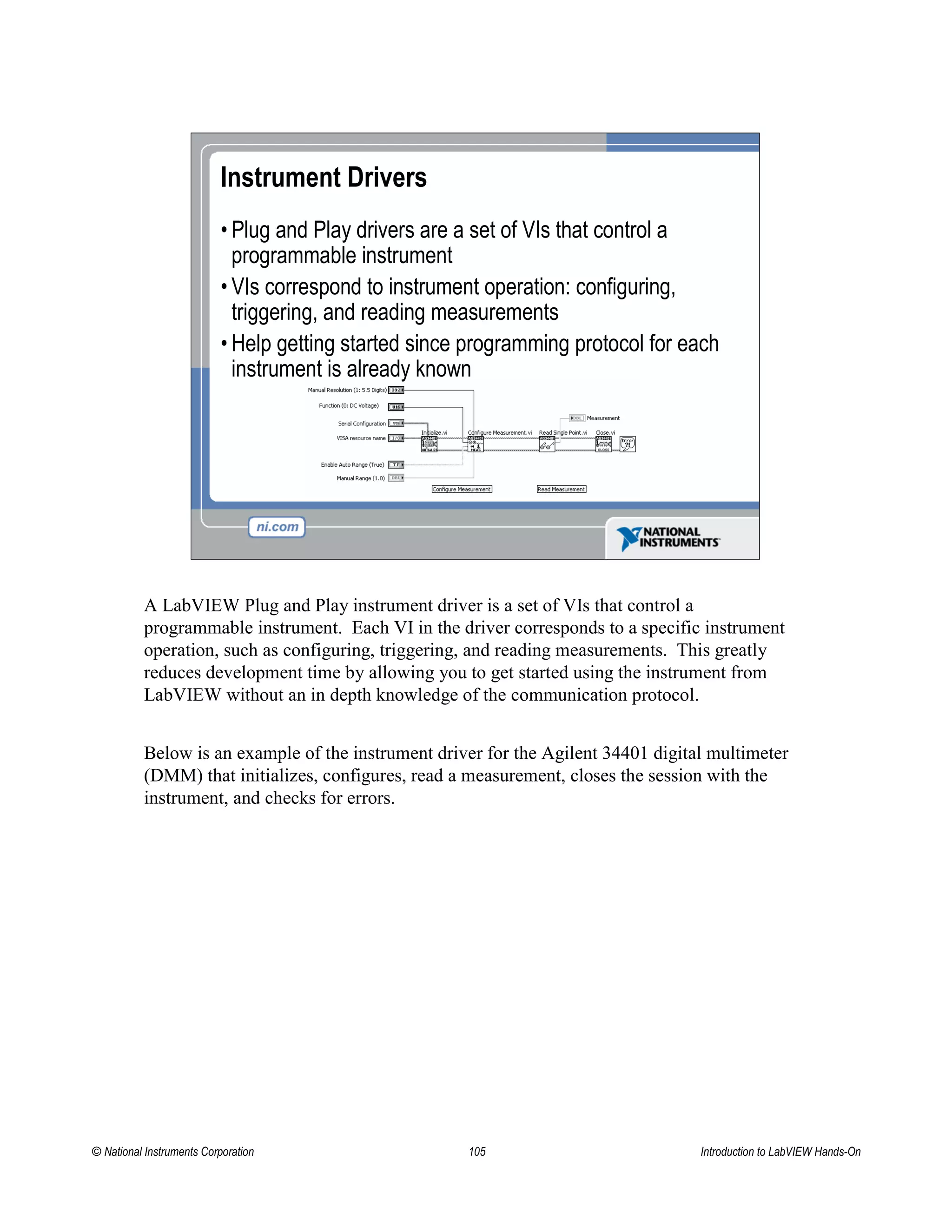 Instrument Drivers
• Plug and Play drivers are a set of VIs that control a
programmable instrument
• VIs correspond to instrument operation: configuring,
triggering, and reading measurements
• Help getting started since programming protocol for each
instrument is already known
A LabVIEW Plug and Play instrument driver is a set of VIs that control a
programmable instrument. Each VI in the driver corresponds to a specific instrument
operation, such as configuring, triggering, and reading measurements. This greatly
reduces development time by allowing you to get started using the instrument from
LabVIEW without an in depth knowledge of the communication protocol.
Below is an example of the instrument driver for the Agilent 34401 digital multimeter
(DMM) that initializes, configures, read a measurement, closes the session with the
instrument, and checks for errors.
© National Instruments Corporation 105 Introduction to LabVIEW Hands-On
 