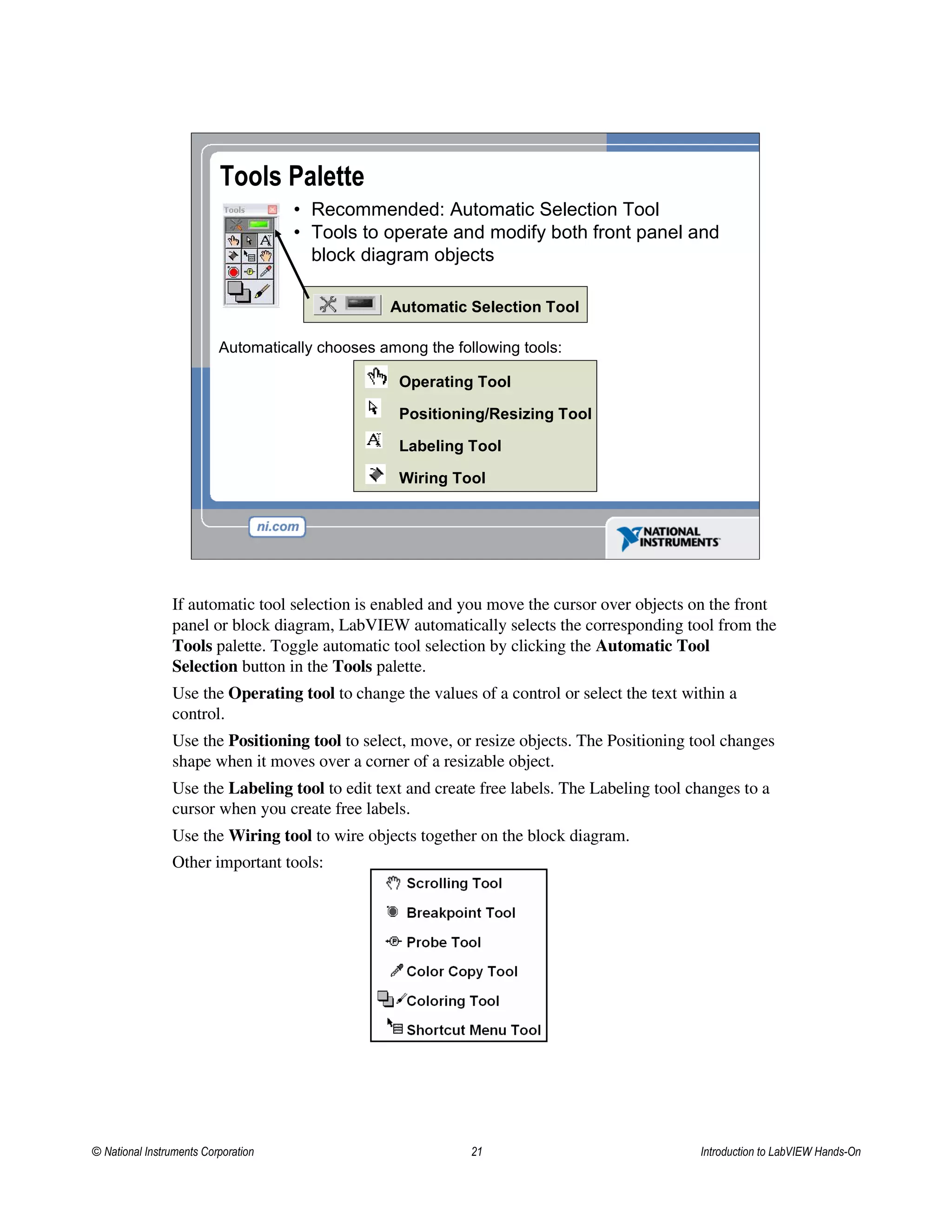 • Recommended: Automatic Selection Tool
• Tools to operate and modify both front panel and
block diagram objects
Operating Tool
Positioning/Resizing Tool
Labeling Tool
Wiring Tool
Tools Palette
Automatic Selection Tool
Automatically chooses among the following tools:
If automatic tool selection is enabled and you move the cursor over objects on the front
panel or block diagram, LabVIEW automatically selects the corresponding tool from the
Tools palette. Toggle automatic tool selection by clicking the Automatic Tool
Selection button in the Tools palette.
Use the Operating tool to change the values of a control or select the text within a
control.
Use the Positioning tool to select, move, or resize objects. The Positioning tool changes
shape when it moves over a corner of a resizable object.
Use the Labeling tool to edit text and create free labels. The Labeling tool changes to a
cursor when you create free labels.
Use the Wiring tool to wire objects together on the block diagram.
Other important tools:
© National Instruments Corporation 21 Introduction to LabVIEW Hands-On
 