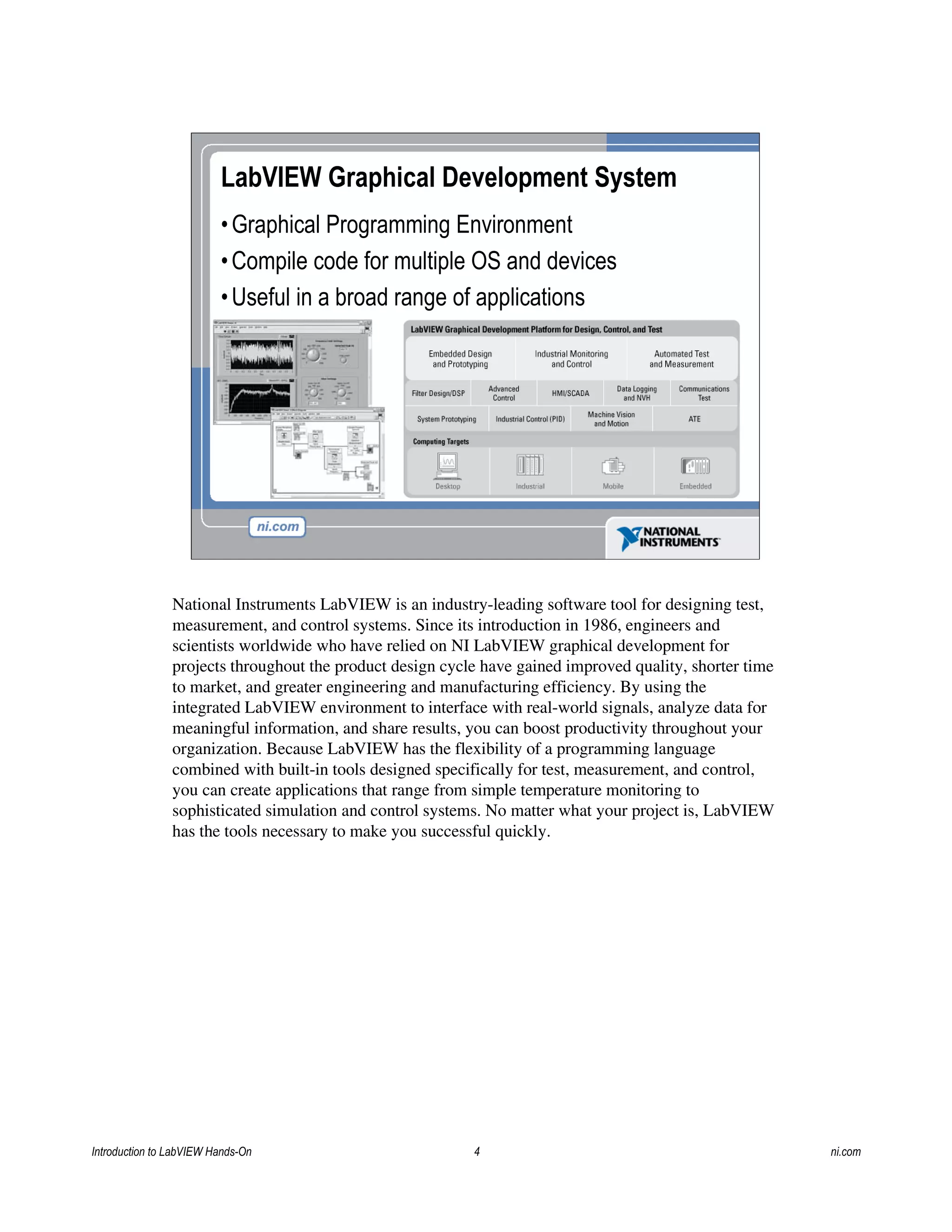 LabVIEW Graphical Development System
•Graphical Programming Environment
•Compile code for multiple OS and devices
•Useful in a broad range of applications
National Instruments LabVIEW is an industry-leading software tool for designing test,
measurement, and control systems. Since its introduction in 1986, engineers and
scientists worldwide who have relied on NI LabVIEW graphical development for
projects throughout the product design cycle have gained improved quality, shorter time
to market, and greater engineering and manufacturing efficiency. By using the
integrated LabVIEW environment to interface with real-world signals, analyze data for
meaningful information, and share results, you can boost productivity throughout your
organization. Because LabVIEW has the flexibility of a programming language
combined with built-in tools designed specifically for test, measurement, and control,
you can create applications that range from simple temperature monitoring to
sophisticated simulation and control systems. No matter what your project is, LabVIEW
has the tools necessary to make you successful quickly.
Introduction to LabVIEW Hands-On 4 ni.com
 
