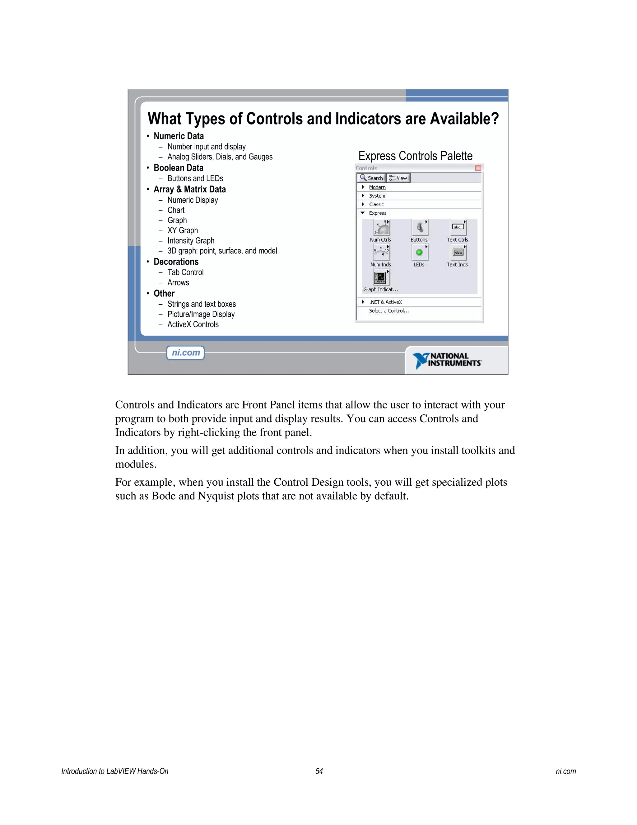 What Types of Controls and Indicators are Available?
• Numeric Data
– Number input and display
– Analog Sliders, Dials, and Gauges
• Boolean Data
– Buttons and LEDs
• Array & Matrix Data
– Numeric Display
– Chart
– Graph
– XY Graph
– Intensity Graph
– 3D graph: point, surface, and model
• Decorations
– Tab Control
– Arrows
• Other
– Strings and text boxes
– Picture/Image Display
– ActiveX Controls
Express Controls Palette
Controls and Indicators are Front Panel items that allow the user to interact with your
program to both provide input and display results. You can access Controls and
Indicators by right-clicking the front panel.
In addition, you will get additional controls and indicators when you install toolkits and
modules.
For example, when you install the Control Design tools, you will get specialized plots
such as Bode and Nyquist plots that are not available by default.
Introduction to LabVIEW Hands-On 54 ni.com
 