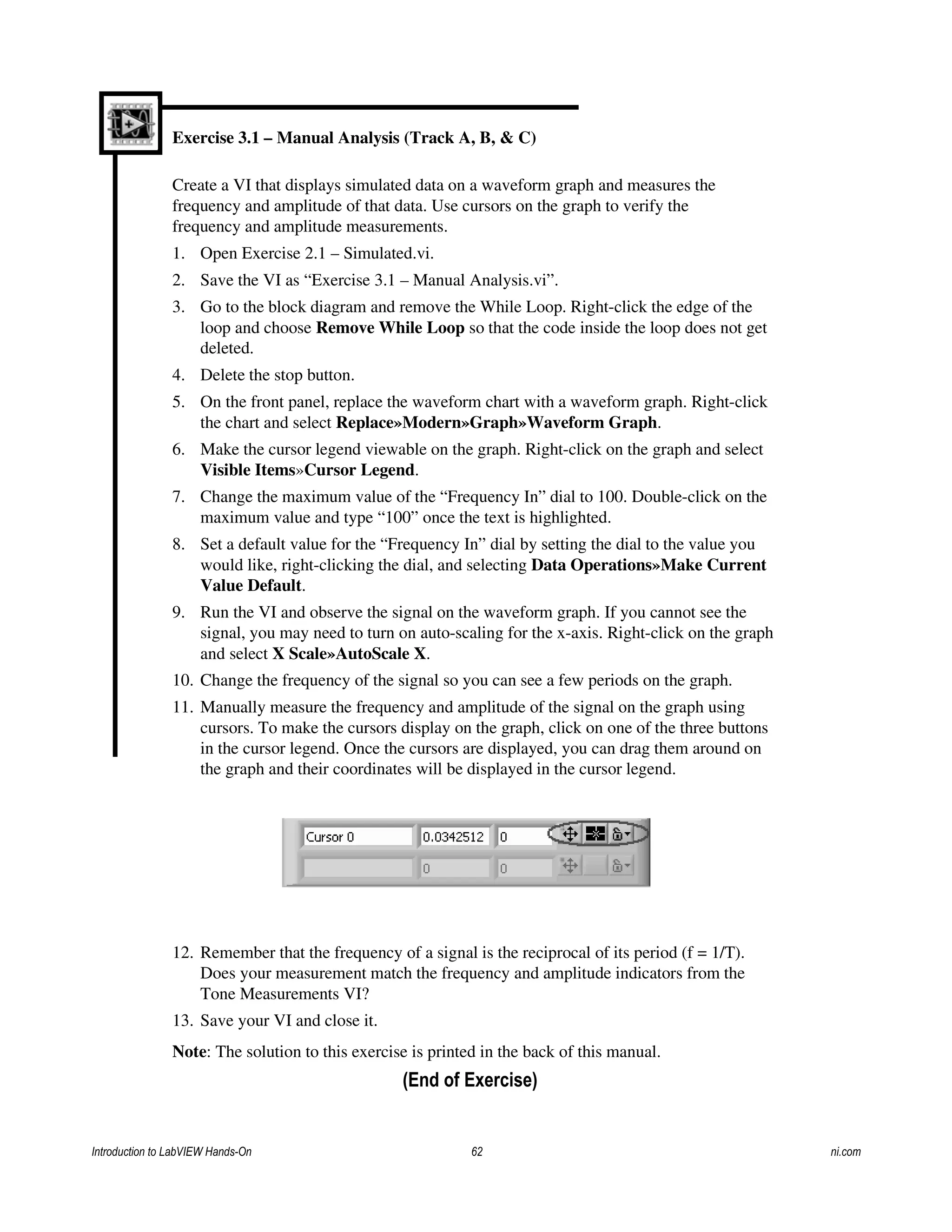 Exercise 3.1 – Manual Analysis (Track A, B, & C)
Create a VI that displays simulated data on a waveform graph and measures the
frequency and amplitude of that data. Use cursors on the graph to verify the
frequency and amplitude measurements.
1. Open Exercise 2.1 – Simulated.vi.
2. Save the VI as “Exercise 3.1 – Manual Analysis.vi”.
3. Go to the block diagram and remove the While Loop. Right-click the edge of the
loop and choose Remove While Loop so that the code inside the loop does not get
deleted.
4. Delete the stop button.
5. On the front panel, replace the waveform chart with a waveform graph. Right-click
the chart and select Replace»Modern»Graph»Waveform Graph.
6. Make the cursor legend viewable on the graph. Right-click on the graph and select
Visible Items»Cursor Legend.
7. Change the maximum value of the “Frequency In” dial to 100. Double-click on the
maximum value and type “100” once the text is highlighted.
8. Set a default value for the “Frequency In” dial by setting the dial to the value you
would like, right-clicking the dial, and selecting Data Operations»Make Current
Value Default.
9. Run the VI and observe the signal on the waveform graph. If you cannot see the
signal, you may need to turn on auto-scaling for the x-axis. Right-click on the graph
and select X Scale»AutoScale X.
10. Change the frequency of the signal so you can see a few periods on the graph.
11. Manually measure the frequency and amplitude of the signal on the graph using
cursors. To make the cursors display on the graph, click on one of the three buttons
in the cursor legend. Once the cursors are displayed, you can drag them around on
the graph and their coordinates will be displayed in the cursor legend.
12. Remember that the frequency of a signal is the reciprocal of its period (f = 1/T).
Does your measurement match the frequency and amplitude indicators from the
Tone Measurements VI?
13. Save your VI and close it.
Note: The solution to this exercise is printed in the back of this manual.
(End of Exercise)
Introduction to LabVIEW Hands-On 62 ni.com
 