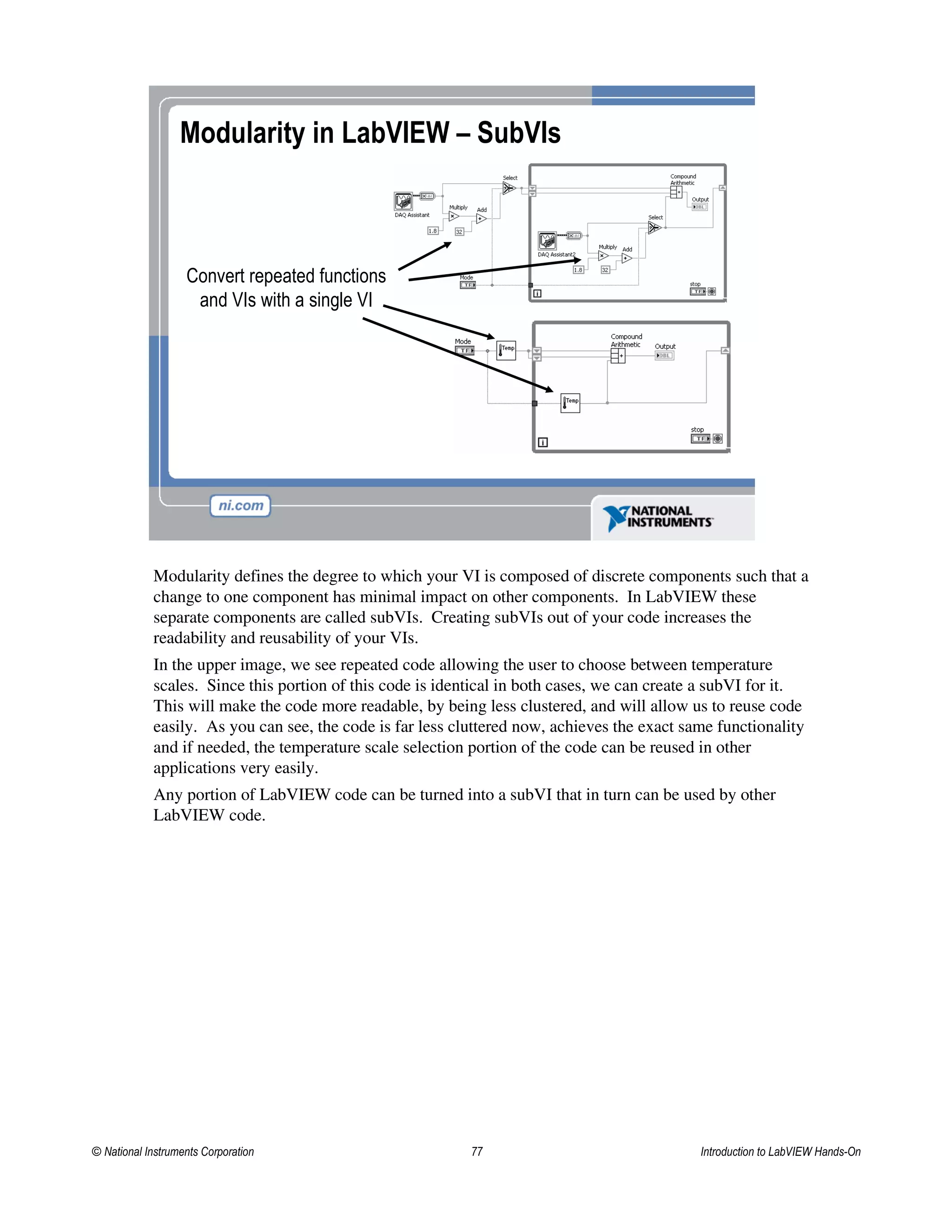 Modularity in LabVIEW – SubVIs
Convert repeated functions
and VIs with a single VI
Modularity defines the degree to which your VI is composed of discrete components such that a
change to one component has minimal impact on other components. In LabVIEW these
separate components are called subVIs. Creating subVIs out of your code increases the
readability and reusability of your VIs.
In the upper image, we see repeated code allowing the user to choose between temperature
scales. Since this portion of this code is identical in both cases, we can create a subVI for it.
This will make the code more readable, by being less clustered, and will allow us to reuse code
easily. As you can see, the code is far less cluttered now, achieves the exact same functionality
and if needed, the temperature scale selection portion of the code can be reused in other
applications very easily.
Any portion of LabVIEW code can be turned into a subVI that in turn can be used by other
LabVIEW code.
© National Instruments Corporation 77 Introduction to LabVIEW Hands-On
 