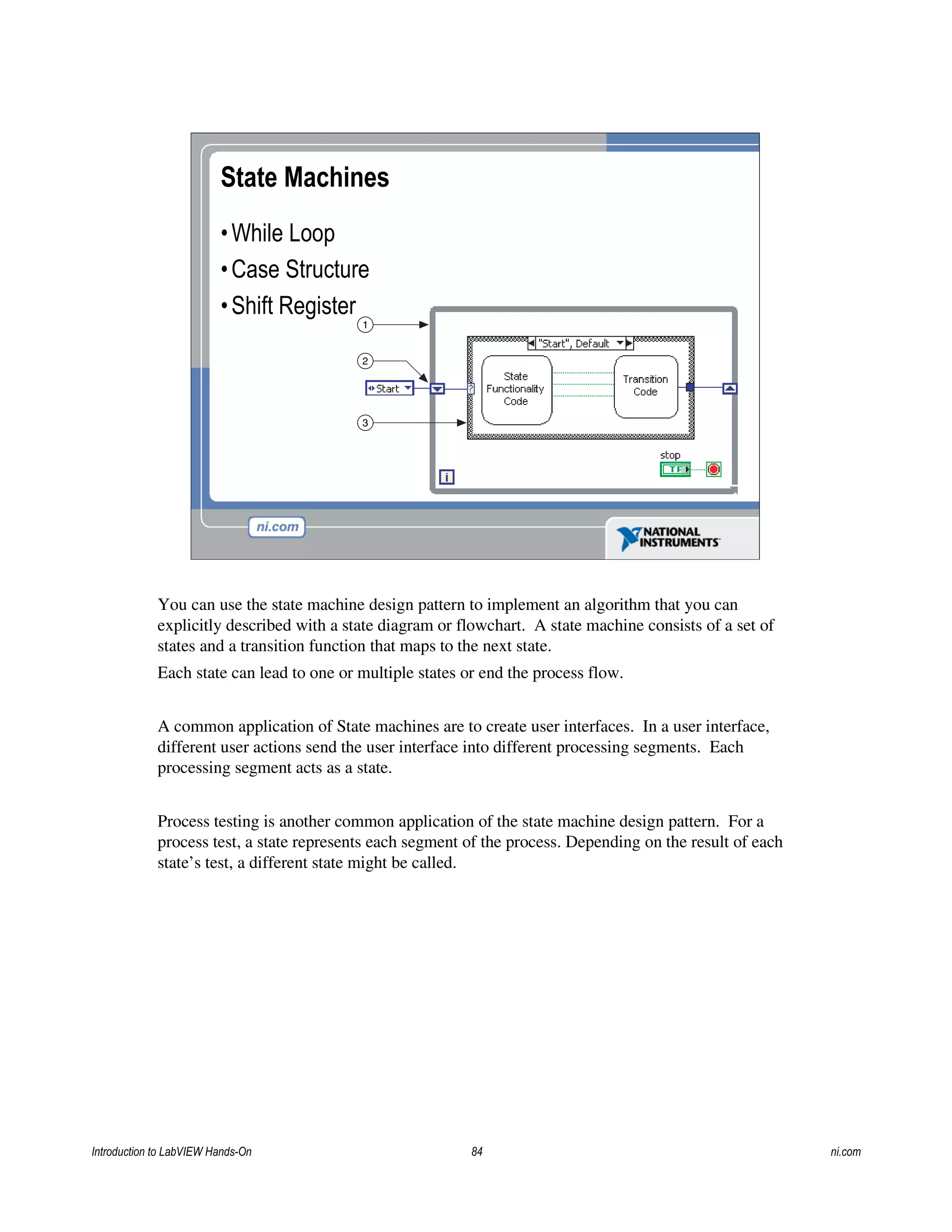 State Machines
•While Loop
•Case Structure
•Shift Register
1
2
3
You can use the state machine design pattern to implement an algorithm that you can
explicitly described with a state diagram or flowchart. A state machine consists of a set of
states and a transition function that maps to the next state.
Each state can lead to one or multiple states or end the process flow.
A common application of State machines are to create user interfaces. In a user interface,
different user actions send the user interface into different processing segments. Each
processing segment acts as a state.
Process testing is another common application of the state machine design pattern. For a
process test, a state represents each segment of the process. Depending on the result of each
state’s test, a different state might be called.
Introduction to LabVIEW Hands-On 84 ni.com
 
