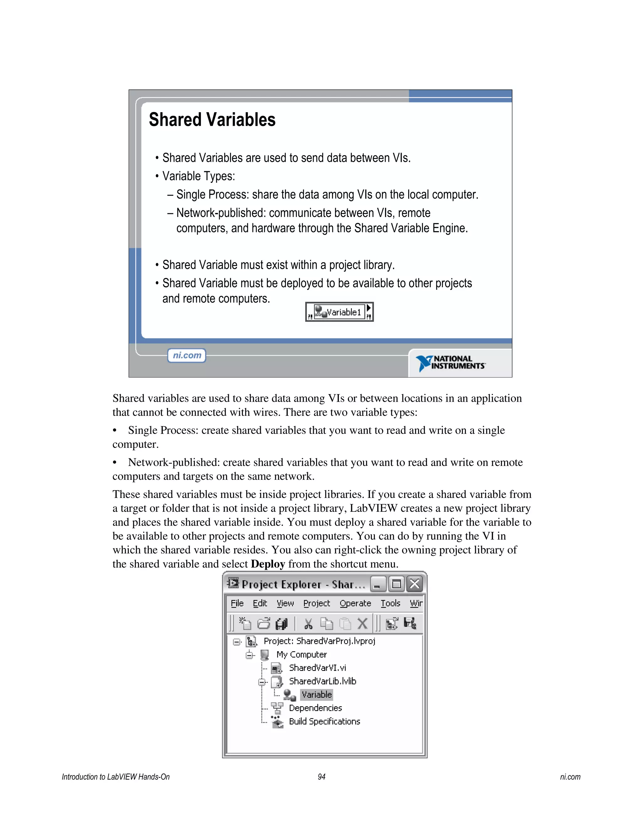 Shared Variables
• Shared Variables are used to send data between VIs.
• Variable Types:
– Single Process: share the data among VIs on the local computer.
– Network-published: communicate between VIs, remote
computers, and hardware through the Shared Variable Engine.
• Shared Variable must exist within a project library.
• Shared Variable must be deployed to be available to other projects
and remote computers.
Shared variables are used to share data among VIs or between locations in an application
that cannot be connected with wires. There are two variable types:
• Single Process: create shared variables that you want to read and write on a single
computer.
• Network-published: create shared variables that you want to read and write on remote
computers and targets on the same network.
These shared variables must be inside project libraries. If you create a shared variable from
a target or folder that is not inside a project library, LabVIEW creates a new project library
and places the shared variable inside. You must deploy a shared variable for the variable to
be available to other projects and remote computers. You can do by running the VI in
which the shared variable resides. You also can right-click the owning project library of
the shared variable and select Deploy from the shortcut menu.
Introduction to LabVIEW Hands-On 94 ni.com
 