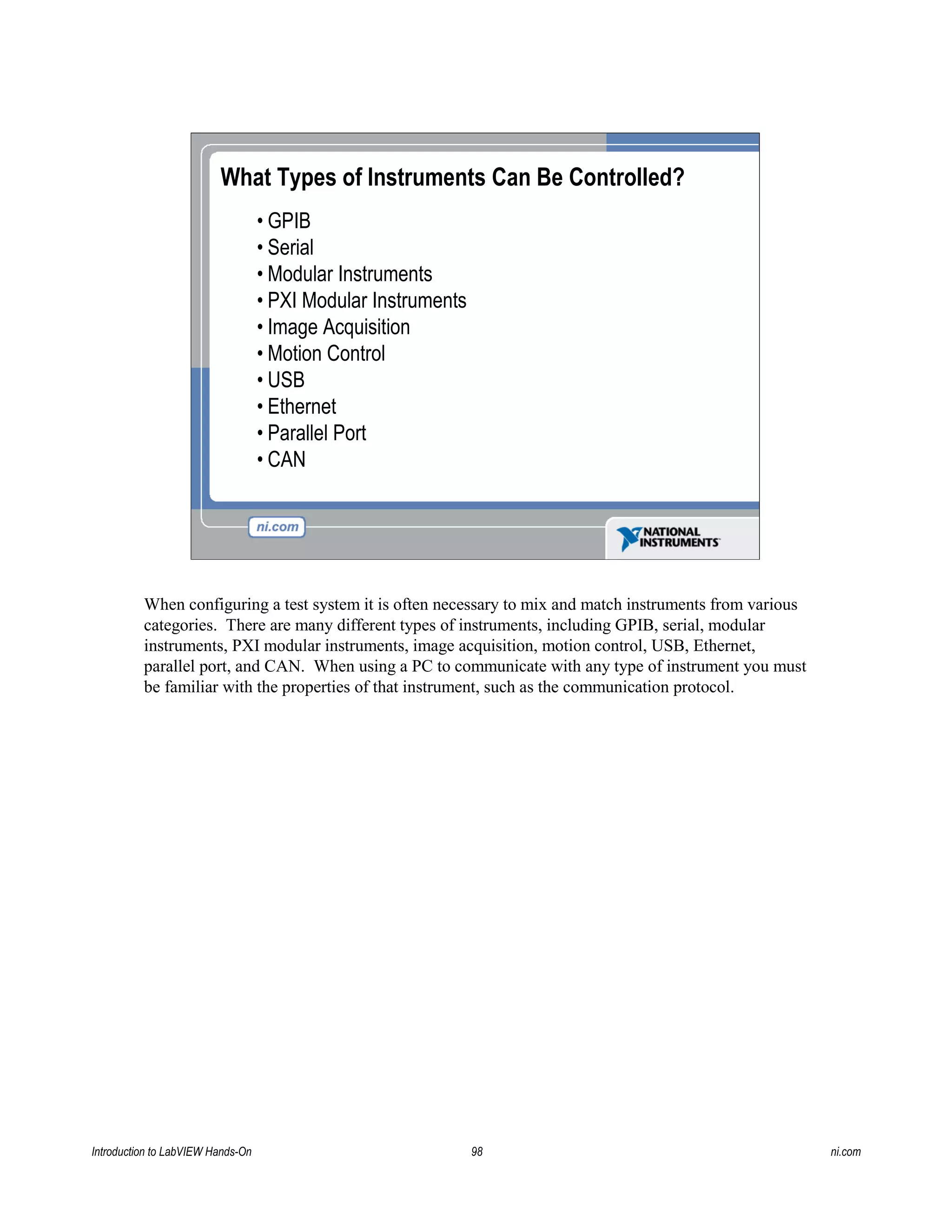 What Types of Instruments Can Be Controlled?
• GPIB
• Serial
• Modular Instruments
• PXI Modular Instruments
• Image Acquisition
• Motion Control
• USB
• Ethernet
• Parallel Port
• CAN
When configuring a test system it is often necessary to mix and match instruments from various
categories. There are many different types of instruments, including GPIB, serial, modular
instruments, PXI modular instruments, image acquisition, motion control, USB, Ethernet,
parallel port, and CAN. When using a PC to communicate with any type of instrument you must
be familiar with the properties of that instrument, such as the communication protocol.
Introduction to LabVIEW Hands-On 98 ni.com
 