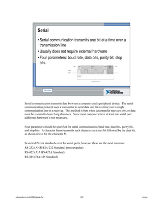 Serial
•Serial communication transmits one bit at a time over a
transmission line
•Usually does not require external hardware
•Four parameters: baud rate, data bits, parity bit, stop
bits
Serial communication transmits data between a computer and a peripheral device. The serial
communication protocol uses a transmitter to send data one bit at a time over a single
communication line to a receiver. This method is bets when data transfer rates are low, or data
must be transmitted over long distances. Since most computers have at least one serial port
additional hardware is not necessary.
Four parameters should be specified for serial communication, baud rate, data bits, parity bit,
and stop bits. A character frame transmits each character as a start bit followed by the data bit,
as shown above for the character M.
Several different standards exist for serial ports, however these are the most common:
RS-232 (ANSI/EIA-232 Standard) (most popular)
RS-422 (AIA RS-422A Standard)
RS-485 (EIA-485 Standard)
Introduction to LabVIEW Hands-On 100 ni.com
 