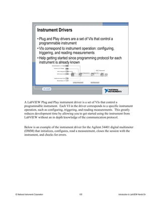 Instrument Drivers
• Plug and Play drivers are a set of VIs that control a
programmable instrument
• VIs correspond to instrument operation: configuring,
triggering, and reading measurements
• Help getting started since programming protocol for each
instrument is already known
A LabVIEW Plug and Play instrument driver is a set of VIs that control a
programmable instrument. Each VI in the driver corresponds to a specific instrument
operation, such as configuring, triggering, and reading measurements. This greatly
reduces development time by allowing you to get started using the instrument from
LabVIEW without an in depth knowledge of the communication protocol.
Below is an example of the instrument driver for the Agilent 34401 digital multimeter
(DMM) that initializes, configures, read a measurement, closes the session with the
instrument, and checks for errors.
© National Instruments Corporation 105 Introduction to LabVIEW Hands-On
 
