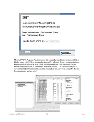 IDNET
•Instrument Driver Network (IDNET)
•Instrument Driver Finder within LabVIEW
Tools » Instrumentation » Find Instrument Drivers
Help » Find Instrument Drivers
•Can be found online at www.ni.com/idnet
Most LabVIEW Plug and Play instrument drivers can be found in the Instrument Driver
Finder within LabVIEW, which can be accessed by selecting Tools » Instrumentation »
Find Instrument Drivers or Help » Find Instrument Drivers. The Instrument Driver
Finder connects to www.ni.com to find instrument drivers. The Finder allows you to
view connected instruments and currently installed drivers, as well as search for drivers
by manufacturer and keyword
Introduction to LabVIEW Hands-On 106 ni.com
 