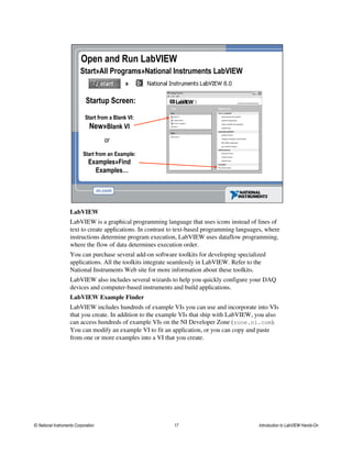 LabVIEW
LabVIEW is a graphical programming language that uses icons instead of lines of
text to create applications. In contrast to text-based programming languages, where
instructions determine program execution, LabVIEW uses dataflow programming,
where the flow of data determines execution order.
You can purchase several add-on software toolkits for developing specialized
applications. All the toolkits integrate seamlessly in LabVIEW. Refer to the
National Instruments Web site for more information about these toolkits.
LabVIEW also includes several wizards to help you quickly configure your DAQ
devices and computer-based instruments and build applications.
LabVIEW Example Finder
LabVIEW includes hundreds of example VIs you can use and incorporate into VIs
that you create. In addition to the example VIs that ship with LabVIEW, you also
can access hundreds of example VIs on the NI Developer Zone (zone.ni.com).
You can modify an example VI to fit an application, or you can copy and paste
from one or more examples into a VI that you create.
Start»All Programs»National Instruments LabVIEW
Startup Screen:
Start from a Blank VI:
New»Blank VI
Start from an Example:
Examples»Find
Examples…
»
or
Open and Run LabVIEW
© National Instruments Corporation 17 Introduction to LabVIEW Hands-On
 