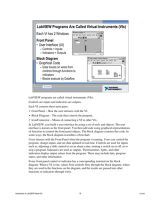 Each VI has 2 Windows
Front Panel
• User Interface (UI)
– Controls = Inputs
– Indicators = Outputs
Block Diagram
• Graphical Code
– Data travels on wires from
controls through functions to
indicators
– Blocks execute by Dataflow
LabVIEW Programs Are Called Virtual Instruments (VIs)
LabVIEW programs are called virtual instruments (VIs).
Controls are inputs and indicators are outputs.
Each VI contains three main parts:
• Front Panel – How the user interacts with the VI.
• Block Diagram – The code that controls the program.
• Icon/Connector – Means of connecting a VI to other VIs.
In LabVIEW, you build a user interface by using a set of tools and objects. The user
interface is known as the front panel. You then add code using graphical representations
of functions to control the front panel objects. The block diagram contains this code. In
some ways, the block diagram resembles a flowchart.
Users interact with the Front Panel when the program is running. Users can control the
program, change inputs, and see data updated in real time. Controls are used for inputs
such as, adjusting a slide control to set an alarm value, turning a switch on or off, or to
stop a program. Indicators are used as outputs. Thermometers, lights, and other
indicators display output values from the program. These may include data, program
states, and other information.
Every front panel control or indicator has a corresponding terminal on the block
diagram. When a VI is run, values from controls flow through the block diagram, where
they are used in the functions on the diagram, and the results are passed into other
functions or indicators through wires.
Introduction to LabVIEW Hands-On 18 ni.com
 