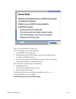 Course Goals
•Become comfortable with the LabVIEW environment
and data flow execution
•Ability to use LabVIEW to solve problems
•LabVIEW Concepts
– Acquiring, saving and loading data
– Find and use math and complex analysis functions
– Work with data types, such as arrays and clusters
– Displaying and printing results
This is a list of the objectives of the course.
This course prepares you to do the following:
• Use LabVIEW to create applications.
• Understand front panels, block diagrams, and icons and connector panes.
• Use built-in LabVIEW functions.
• Create and save programs in LabVIEW so you can use them as subroutines.
• Create applications that use plug-in DAQ devices.
This course does not describe any of the following:
• Programming theory
• Every built-in LabVIEW function or object
• Analog-to-digital (A/D) theory
NI does provide free reference materials on the above topics on ni.com.
The LabVIEW Help is also very helpful:
LabVIEW»Help»Search the LabVIEW Help…
Introduction to LabVIEW Hands-On 2 ni.com
 