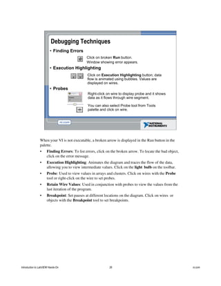 Debugging Techniques
• Finding Errors
• Execution Highlighting
• Probes
Click on broken Run button.
Window showing error appears.
Click on Execution Highlighting button; data
flow is animated using bubbles. Values are
displayed on wires.
Right-click on wire to display probe and it shows
data as it flows through wire segment.
You can also select Probe tool from Tools
palette and click on wire.
When your VI is not executable, a broken arrow is displayed in the Run button in the
palette.
• Finding Errors: To list errors, click on the broken arrow. To locate the bad object,
click on the error message.
• Execution Highlighting: Animates the diagram and traces the flow of the data,
allowing you to view intermediate values. Click on the light bulb on the toolbar.
• Probe: Used to view values in arrays and clusters. Click on wires with the Probe
tool or right-click on the wire to set probes.
• Retain Wire Values: Used in conjunction with probes to view the values from the
last iteration of the program.
• Breakpoint: Set pauses at different locations on the diagram. Click on wires or
objects with the Breakpoint tool to set breakpoints.
Introduction to LabVIEW Hands-On 26 ni.com
 