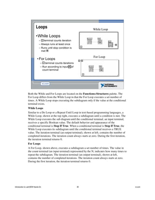 Loops
•While Loops
– i terminal counts iteration
– Always runs at least once
– Runs until stop condition is
met
•For Loops
– i terminal counts iterations
– Run according to input N of
count terminal
While LoopWhile Loop
For LoopFor Loop
Both the While and For Loops are located on the Functions»Structures palette. The
For Loop differs from the While Loop in that the For Loop executes a set number of
times. A While Loop stops executing the subdiagram only if the value at the conditional
terminal exists.
While Loops
Similar to a Do Loop or a Repeat-Until Loop in text-based programming languages, a
While Loop, shown at the top right, executes a subdiagram until a condition is met. The
While Loop executes the sub diagram until the conditional terminal, an input terminal,
receives a specific Boolean value. The default behavior and appearance of the
conditional terminal is Stop If True. When a conditional terminal is Stop If True, the
While Loop executes its subdiagram until the conditional terminal receives a TRUE
value. The iteration terminal (an output terminal), shown at left, contains the number of
completed iterations. The iteration count always starts at zero. During the first iteration,
the iteration terminal returns 0.
For Loops
A For Loop, shown above, executes a subdiagram a set number of times. The value in
the count terminal (an input terminal) represented by the N, indicates how many times to
repeat the subdiagram. The iteration terminal (an output terminal), shown at left,
contains the number of completed iterations. The iteration count always starts at zero.
During the first iteration, the iteration terminal returns 0.
Introduction to LabVIEW Hands-On 36 ni.com
 