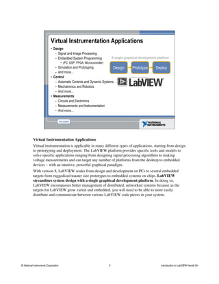 Virtual Instrumentation Applications
• Design
– Signal and Image Processing
– Embedded System Programming
• (PC, DSP, FPGA, Microcontroller)
– Simulation and Prototyping
– And more…
• Control
– Automatic Controls and Dynamic Systems
– Mechatronics and Robotics
– And more…
• Measurements
– Circuits and Electronics
– Measurements and Instrumentation
– And more…
Design Prototype Deploy
A single graphical development platform
Virtual Instrumentation Applications
Virtual instrumentation is applicable in many different types of applications, starting from design
to prototyping and deployment. The LabVIEW platform provides specific tools and models to
solve specific applications ranging from designing signal processing algorithms to making
voltage measurements and can target any number of platforms from the desktop to embedded
devices – with an intuitive, powerful graphical paradigm.
With version 8, LabVIEW scales from design and development on PCs to several embedded
targets from ruggedized toaster size prototypes to embedded systems on chips. LabVIEW
streamlines system design with a single graphical development platform. In doing so,
LabVIEW encompasses better management of distributed, networked systems because as the
targets for LabVIEW grow varied and embedded, you will need to be able to more easily
distribute and communicate between various LabVIEW code pieces in your system.
© National Instruments Corporation 5 Introduction to LabVIEW Hands-On
 