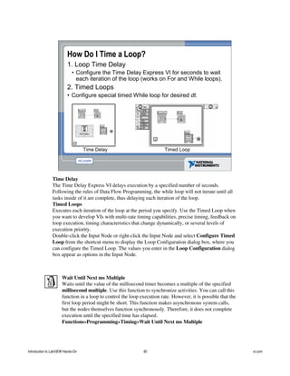 How Do I Time a Loop?
1. Loop Time Delay
• Configure the Time Delay Express VI for seconds to wait
each iteration of the loop (works on For and While loops).
2. Timed Loops
• Configure special timed While loop for desired dt.
Timed LoopTime Delay
Time Delay
The Time Delay Express VI delays execution by a specified number of seconds.
Following the rules of Data Flow Programming, the while loop will not iterate until all
tasks inside of it are complete, thus delaying each iteration of the loop.
Timed Loops
Executes each iteration of the loop at the period you specify. Use the Timed Loop when
you want to develop VIs with multi-rate timing capabilities, precise timing, feedback on
loop execution, timing characteristics that change dynamically, or several levels of
execution priority.
Double-click the Input Node or right-click the Input Node and select Configure Timed
Loop from the shortcut menu to display the Loop Configuration dialog box, where you
can configure the Timed Loop. The values you enter in the Loop Configuration dialog
box appear as options in the Input Node.
Wait Until Next ms Multiple
Waits until the value of the millisecond timer becomes a multiple of the specified
millisecond multiple. Use this function to synchronize activities. You can call this
function in a loop to control the loop execution rate. However, it is possible that the
first loop period might be short. This function makes asynchronous system calls,
but the nodes themselves function synchronously. Therefore, it does not complete
execution until the specified time has elapsed.
Functions»Programming»Timing»Wait Until Next ms Multiple
Introduction to LabVIEW Hands-On 60 ni.com
 