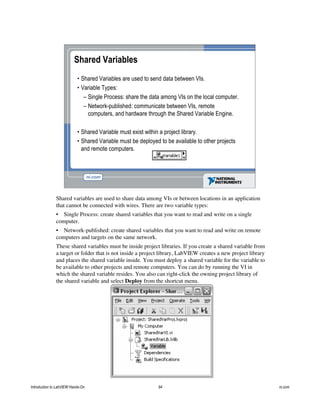 Shared Variables
• Shared Variables are used to send data between VIs.
• Variable Types:
– Single Process: share the data among VIs on the local computer.
– Network-published: communicate between VIs, remote
computers, and hardware through the Shared Variable Engine.
• Shared Variable must exist within a project library.
• Shared Variable must be deployed to be available to other projects
and remote computers.
Shared variables are used to share data among VIs or between locations in an application
that cannot be connected with wires. There are two variable types:
• Single Process: create shared variables that you want to read and write on a single
computer.
• Network-published: create shared variables that you want to read and write on remote
computers and targets on the same network.
These shared variables must be inside project libraries. If you create a shared variable from
a target or folder that is not inside a project library, LabVIEW creates a new project library
and places the shared variable inside. You must deploy a shared variable for the variable to
be available to other projects and remote computers. You can do by running the VI in
which the shared variable resides. You also can right-click the owning project library of
the shared variable and select Deploy from the shortcut menu.
Introduction to LabVIEW Hands-On 94 ni.com
 