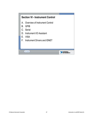 Section VI - Instrument Control
A. Overview of Instrument Control
B. GPIB
C. Serial
D. Instrument I/O Assistant
E. VISA
F. Instrument Drivers and IDNET
© National Instruments Corporation 97 Introduction to LabVIEW Hands-On
 