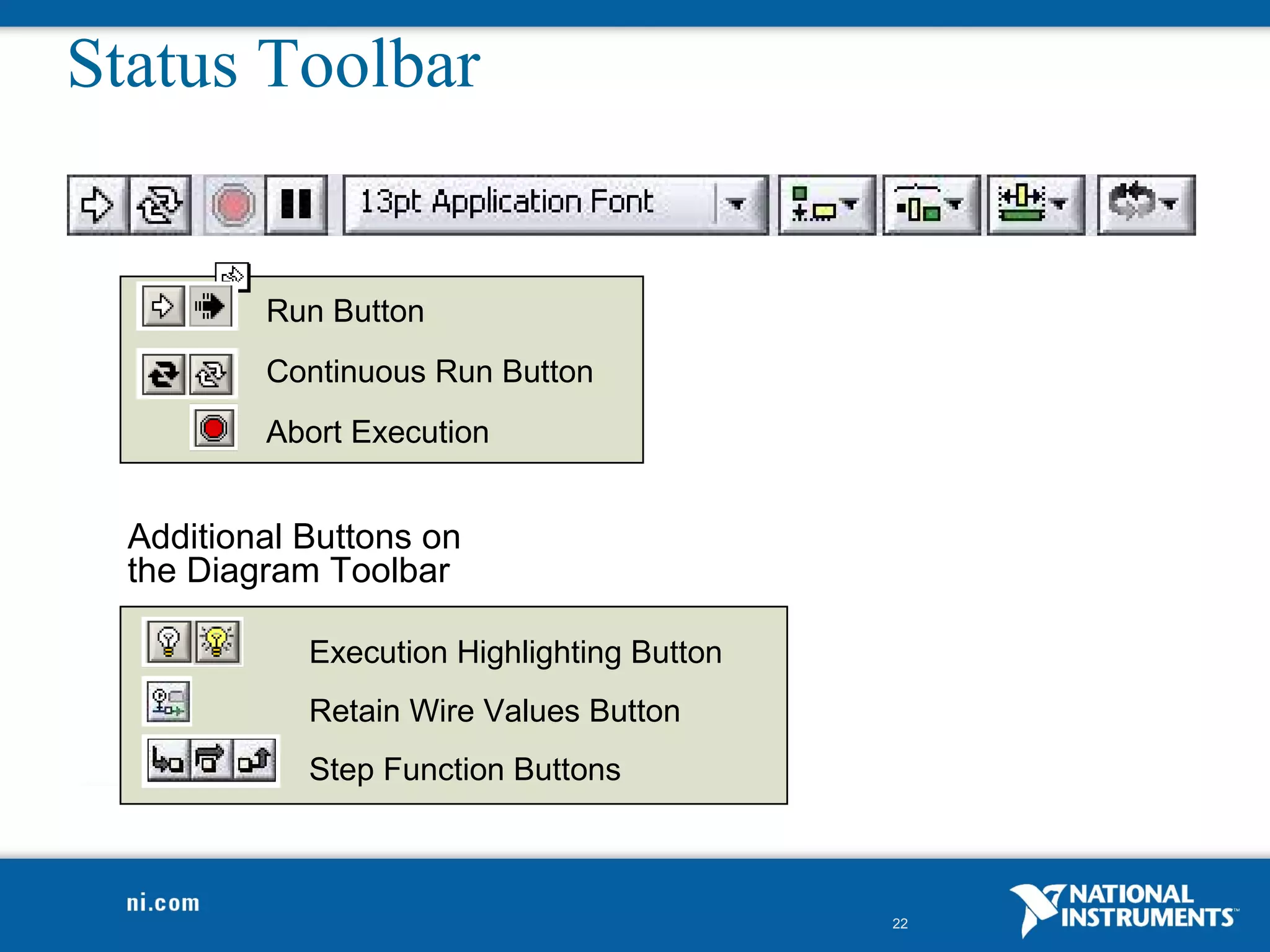 Status Toolbar


          Run Button
          Continuous Run Button
          Abort Execution


  Additional Buttons on
  the Diagram Toolbar

             Execution Highlighting Button
             Retain Wire Values Button
             Step Function Buttons



                                             22
 