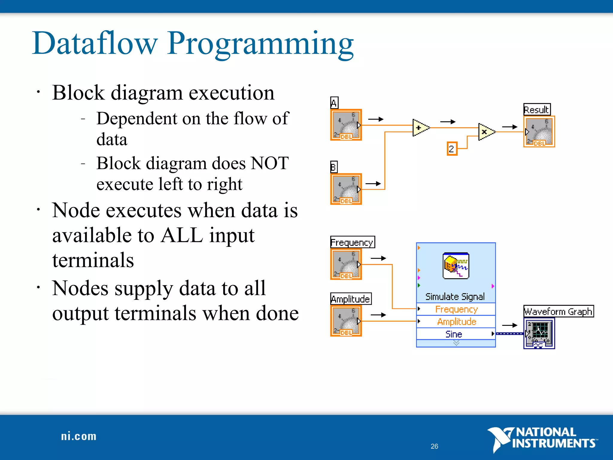 Dataflow Programming
•   Block diagram execution
       –   Dependent on the flow of
           data
       –   Block diagram does NOT
           execute left to right
•   Node executes when data is
    available to ALL input
    terminals
•   Nodes supply data to all
    output terminals when done




                                      26
 