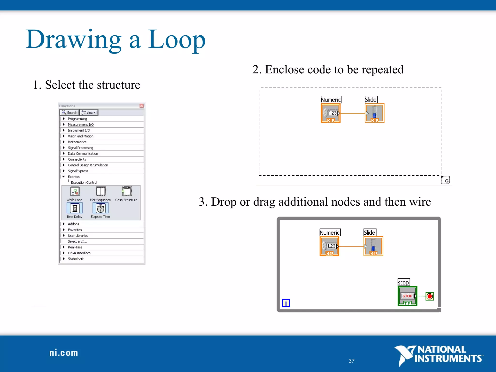 Drawing a Loop
                                    2. Enclose code to be repeated
1. Select the structure




                          3. Drop or drag additional nodes and then wire




                                                       37
 