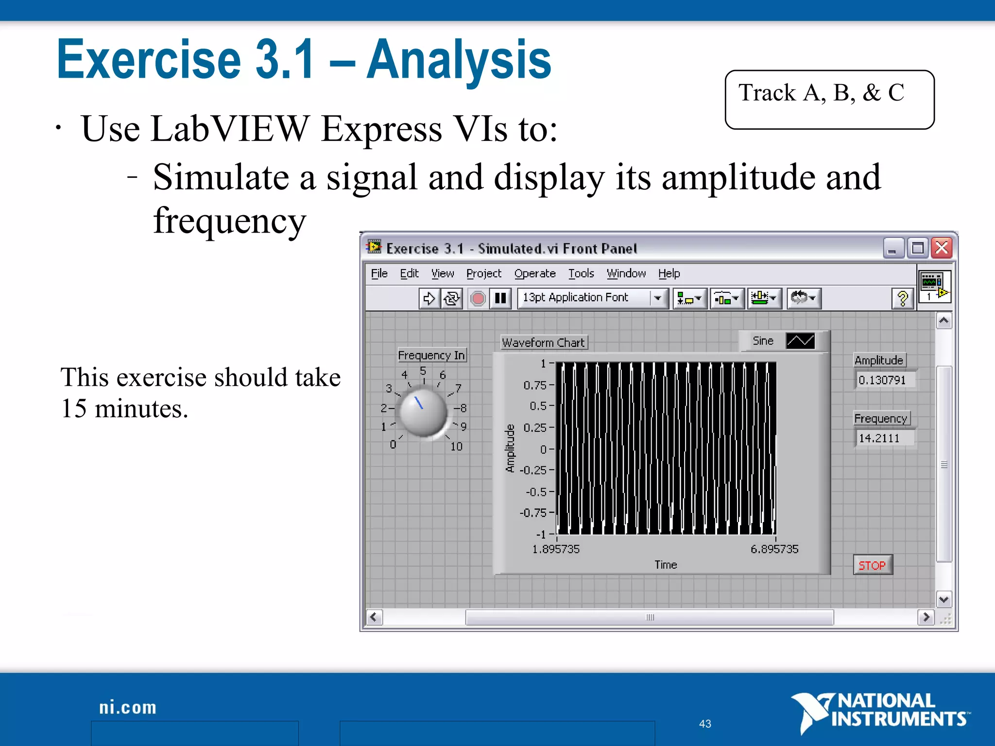 Exercise 3.1 – Analysis                         Track A, B, & C
•   Use LabVIEW Express VIs to:
      – Simulate a signal and display its amplitude and

        frequency


This exercise should take
15 minutes.




                                           43
 