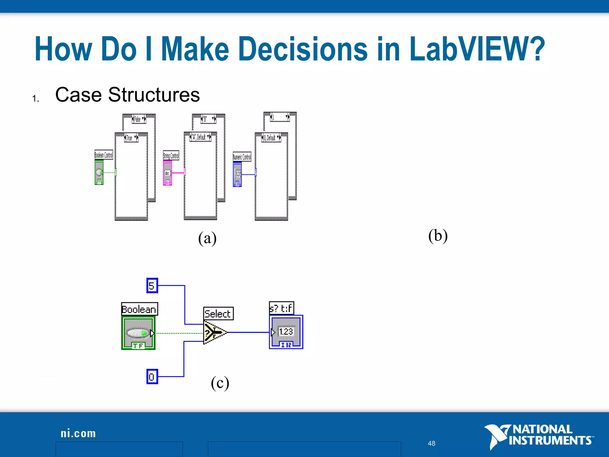 How Do I Make Decisions in LabVIEW?
1.   Case Structures




                   (a)       (b)




                       (c)


                             48
 