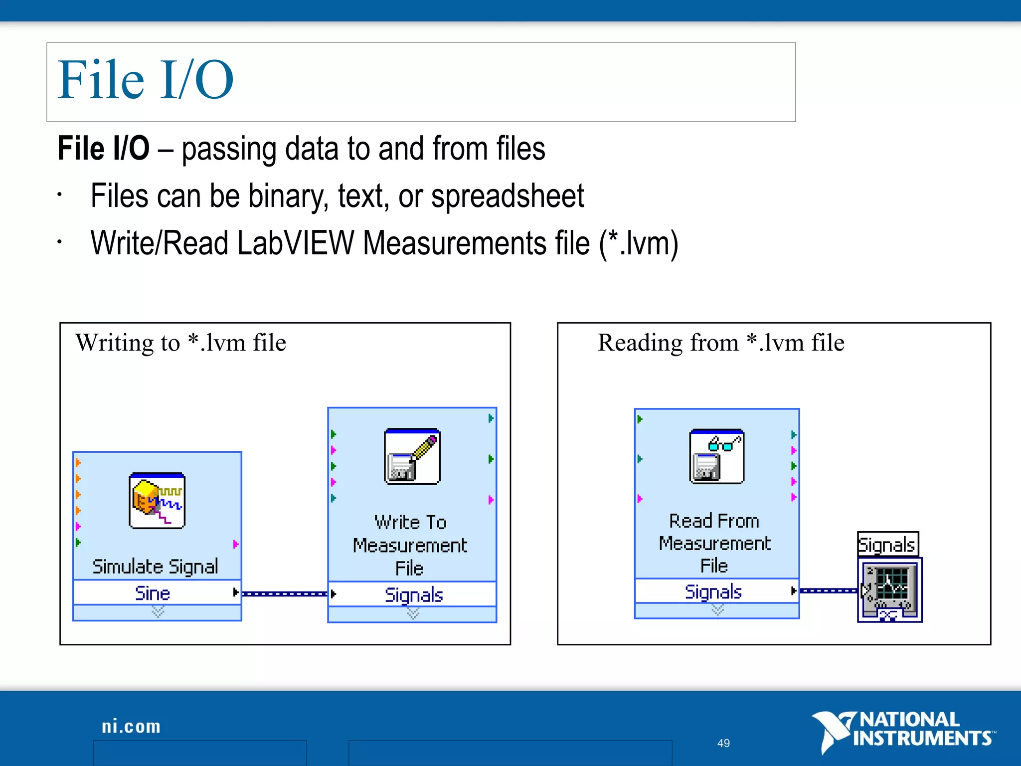 File I/O
File I/O – passing data to and from files
•  Files can be binary, text, or spreadsheet
•  Write/Read LabVIEW Measurements file (*.lvm)

 Writing to *.lvm file                  Reading from *.lvm file




                                                   49
 