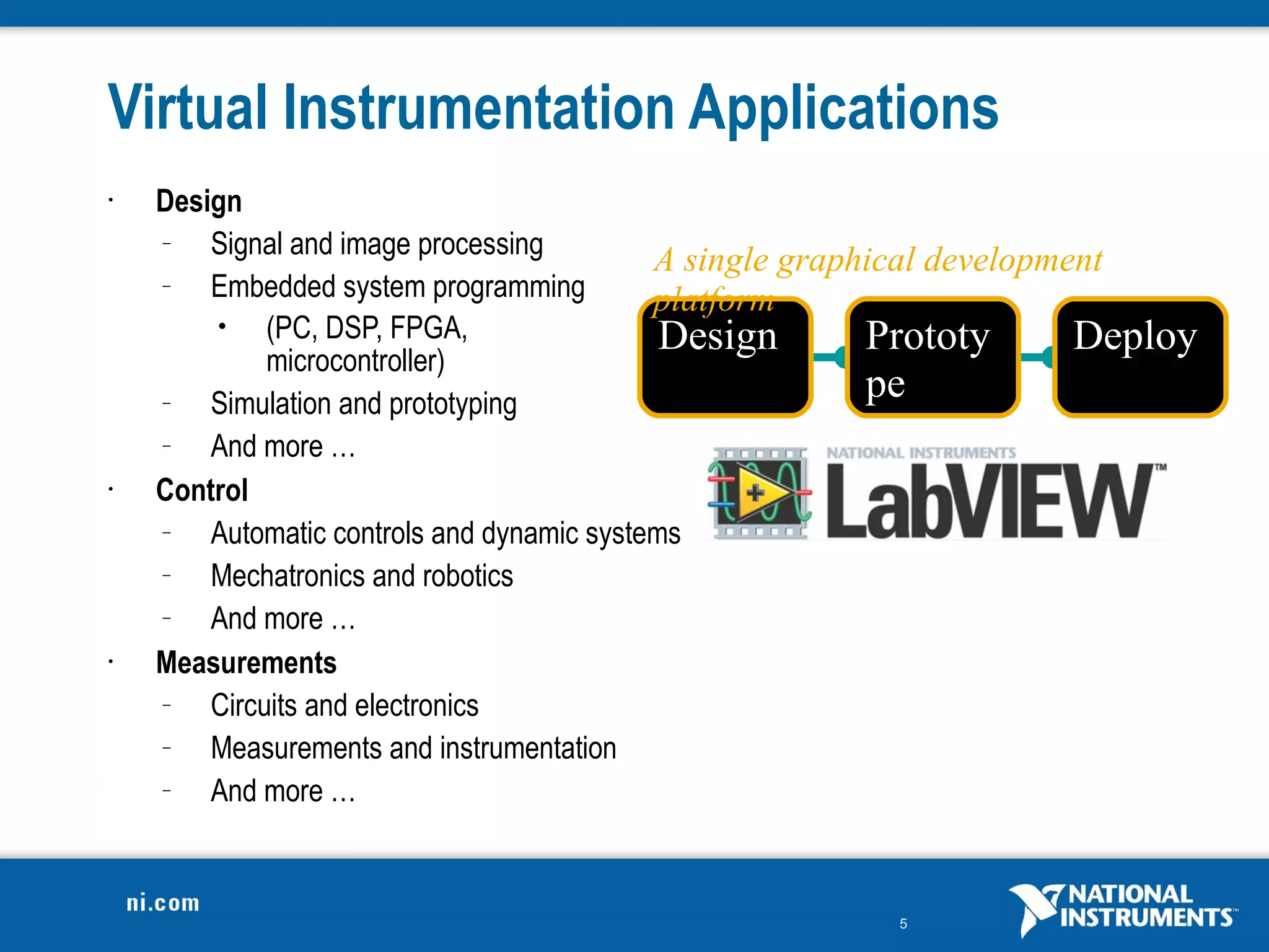 Virtual Instrumentation Applications
•   Design
    –   Signal and image processing
                                            A single graphical development
    –   Embedded system programming         platform
        •    (PC, DSP, FPGA,                 Design       Prototy       Deploy
             microcontroller)
    –   Simulation and prototyping
                                                          pe
    –   And more …
•   Control
    –   Automatic controls and dynamic systems
    –   Mechatronics and robotics
    –   And more …
•   Measurements
    –   Circuits and electronics
    –   Measurements and instrumentation
    –   And more …



                                                        5
 