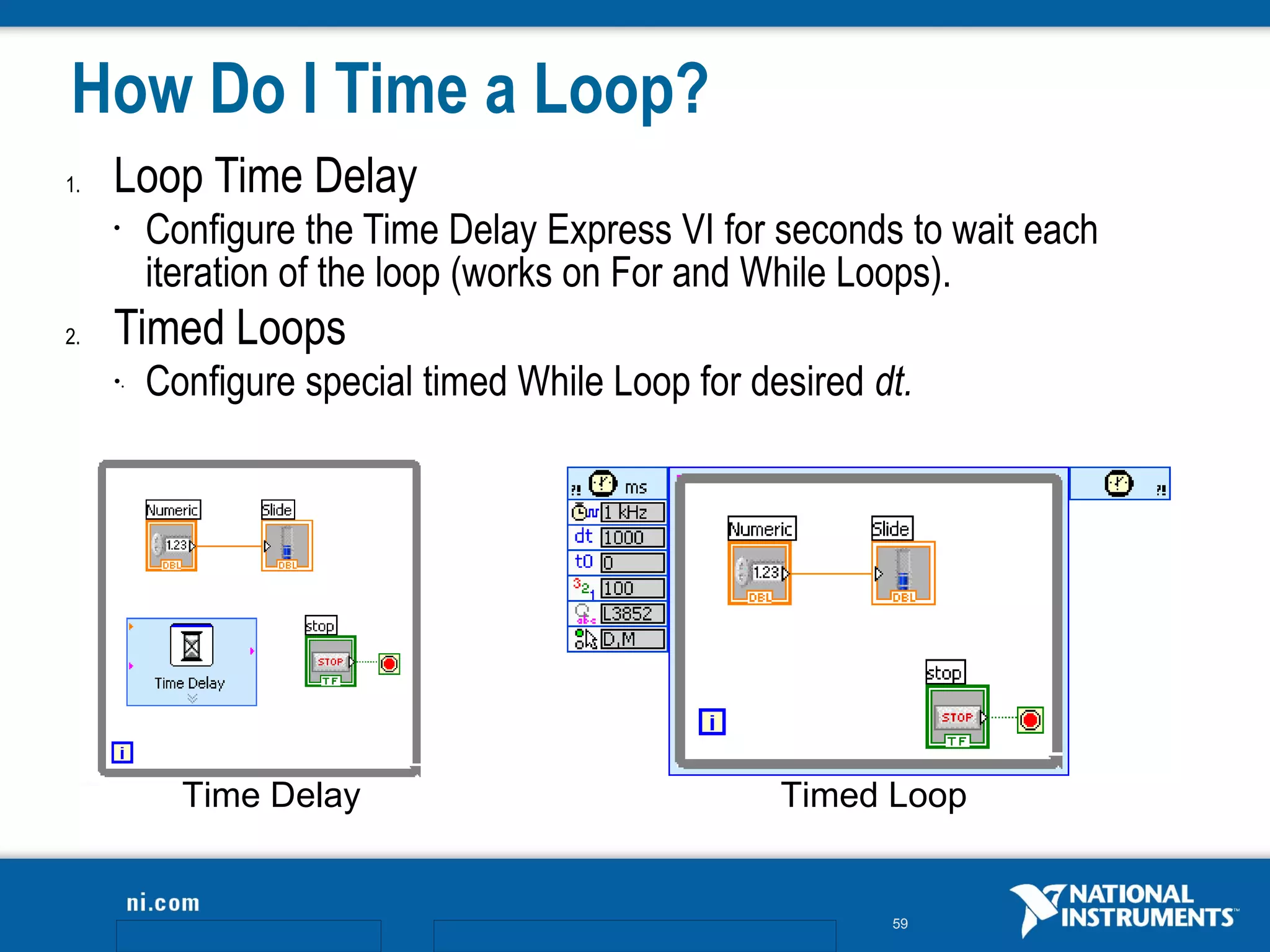 How Do I Time a Loop?
1.   Loop Time Delay
     •    Configure the Time Delay Express VI for seconds to wait each
          iteration of the loop (works on For and While Loops).
2.   Timed Loops
     •.   Configure special timed While Loop for desired dt.




            Time Delay                             Timed Loop


                                                          59
 