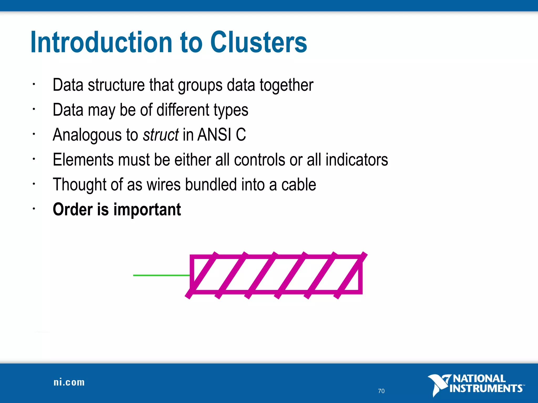 Introduction to Clusters
•   Data structure that groups data together
•   Data may be of different types
•   Analogous to struct in ANSI C
•   Elements must be either all controls or all indicators
•   Thought of as wires bundled into a cable
•   Order is important




                                                        70
 