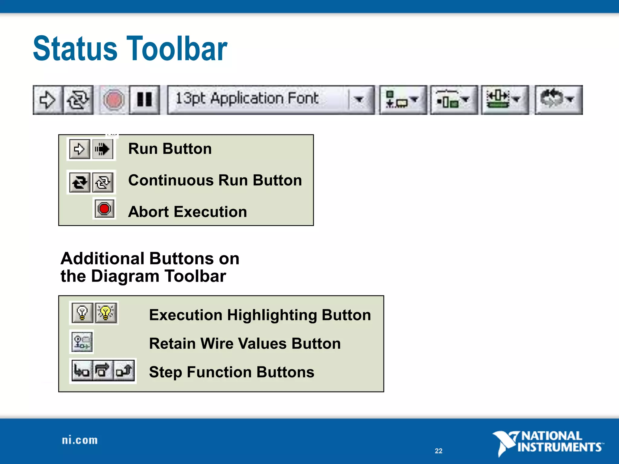 Status Toolbar

         Run Button

         Continuous Run Button

         Abort Execution


  Additional Buttons on
  the Diagram Toolbar

            Execution Highlighting Button
            Retain Wire Values Button
            Step Function Buttons



                                            22
 