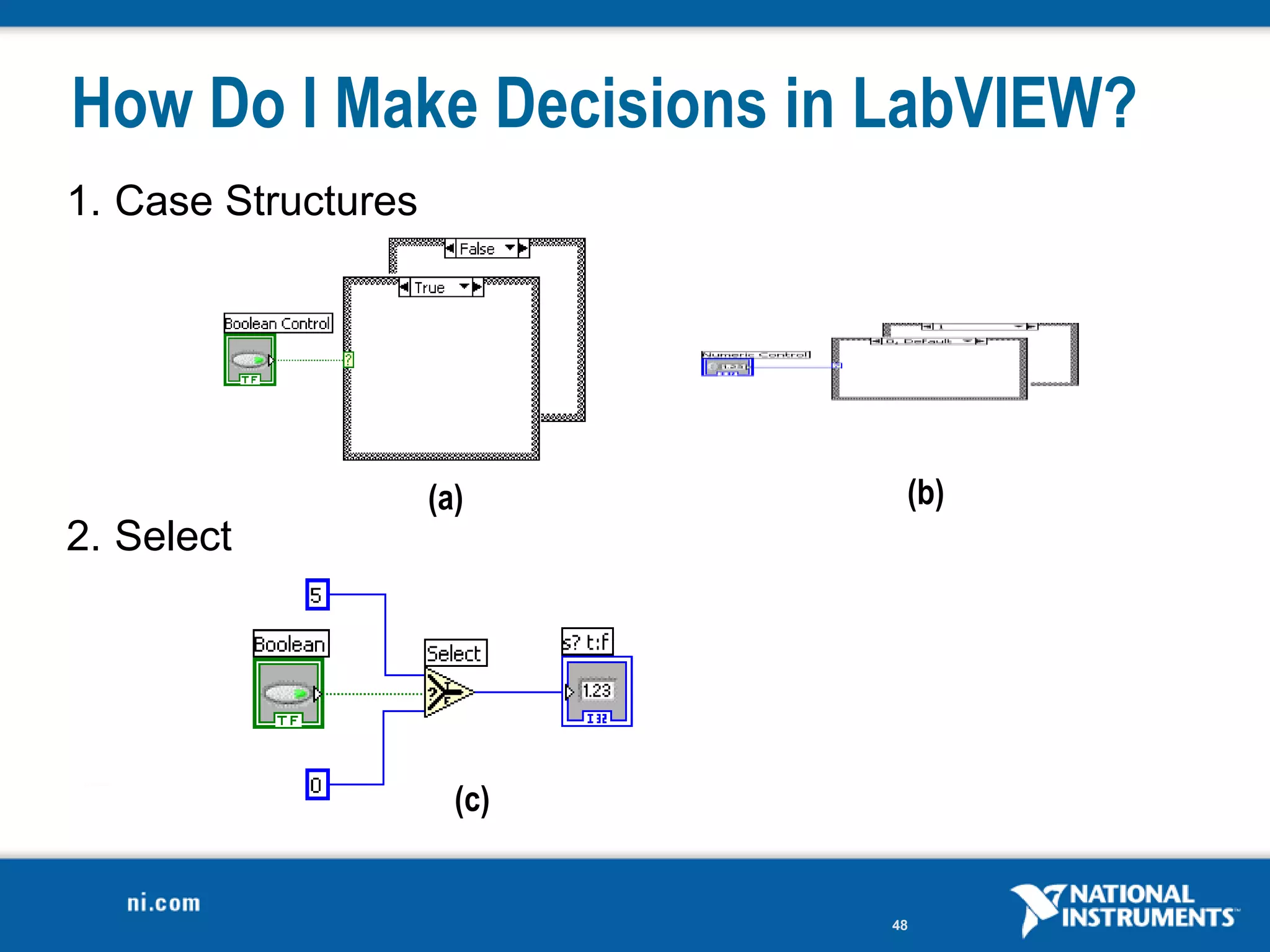 How Do I Make Decisions in LabVIEW?
1. Case Structures




                     (a)      (b)
2. Select




                       (c)


                             48
 