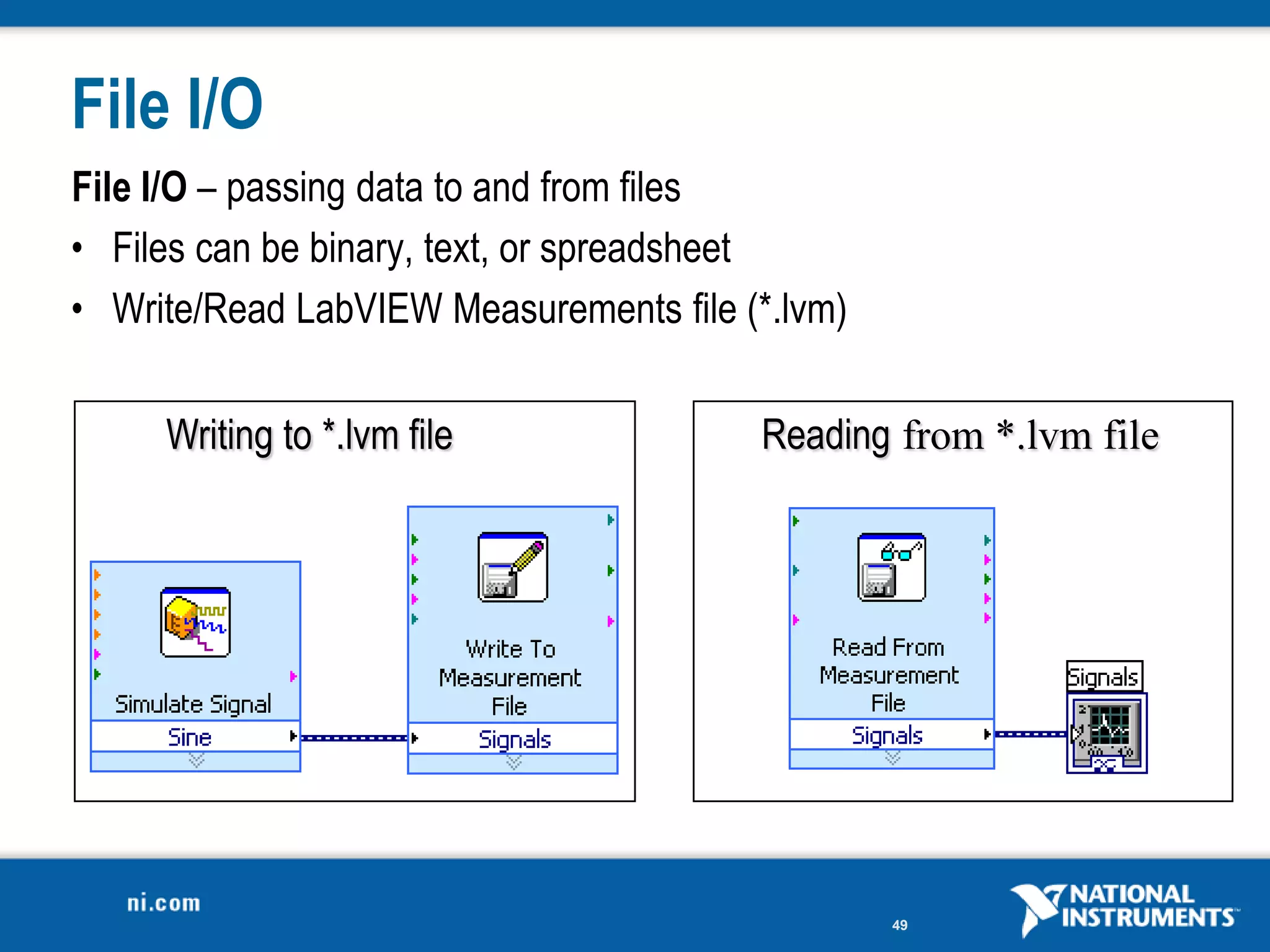 File I/O
File I/O – passing data to and from files
• Files can be binary, text, or spreadsheet
• Write/Read LabVIEW Measurements file (*.lvm)

     Writing to *.lvm file              Reading from *.lvm file




                                                 49
 