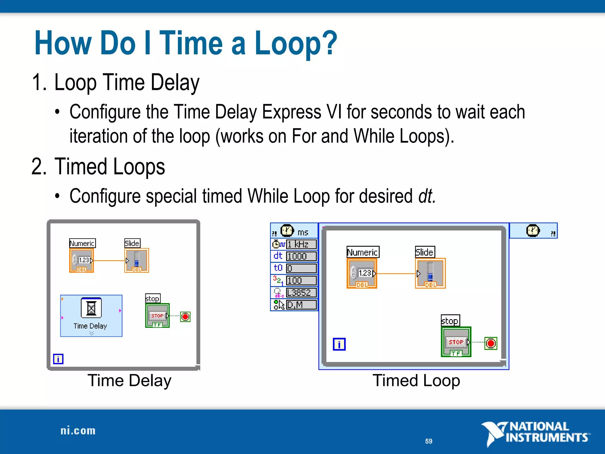 How Do I Time a Loop?
1. Loop Time Delay
  • Configure the Time Delay Express VI for seconds to wait each
    iteration of the loop (works on For and While Loops).
2. Timed Loops
  • Configure special timed While Loop for desired dt.




      Time Delay                             Timed Loop


                                                    59
 