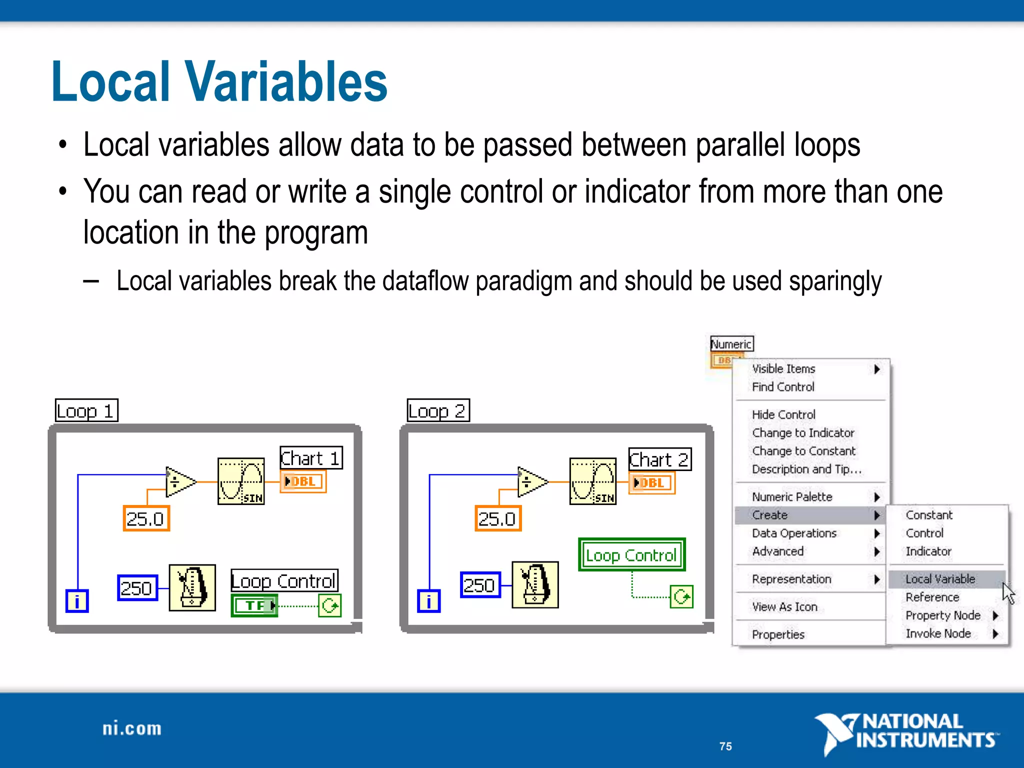 Local Variables
• Local variables allow data to be passed between parallel loops
• You can read or write a single control or indicator from more than one
  location in the program
  – Local variables break the dataflow paradigm and should be used sparingly




                                                        75
 