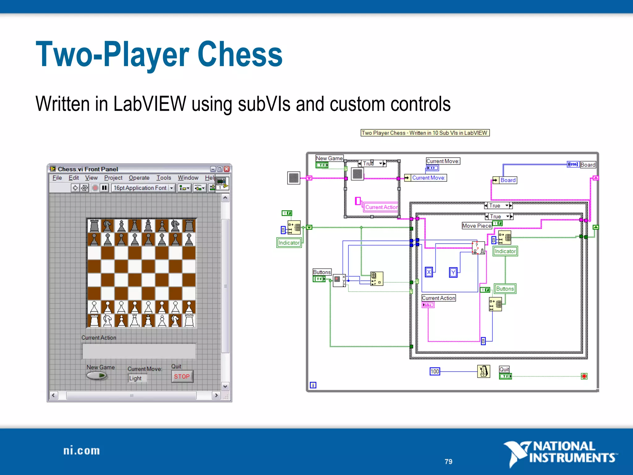 Two-Player Chess
Written in LabVIEW using subVIs and custom controls




                                                  79
 