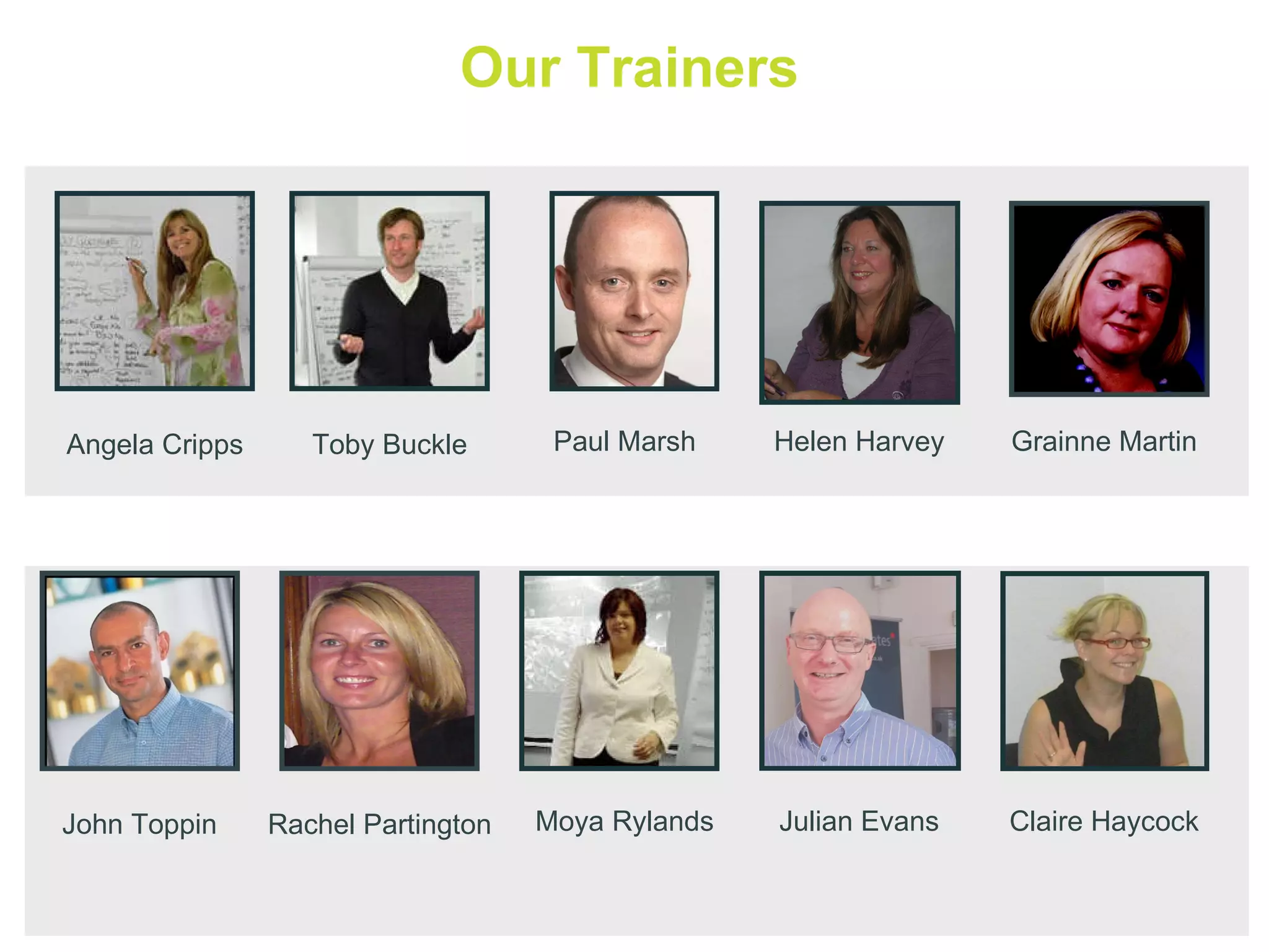 Our Trainers Angela Cripps Toby Buckle Helen Harvey Grainne Martin John Toppin Rachel Partington Moya Rylands Julian Evans Paul Marsh Claire Haycock 