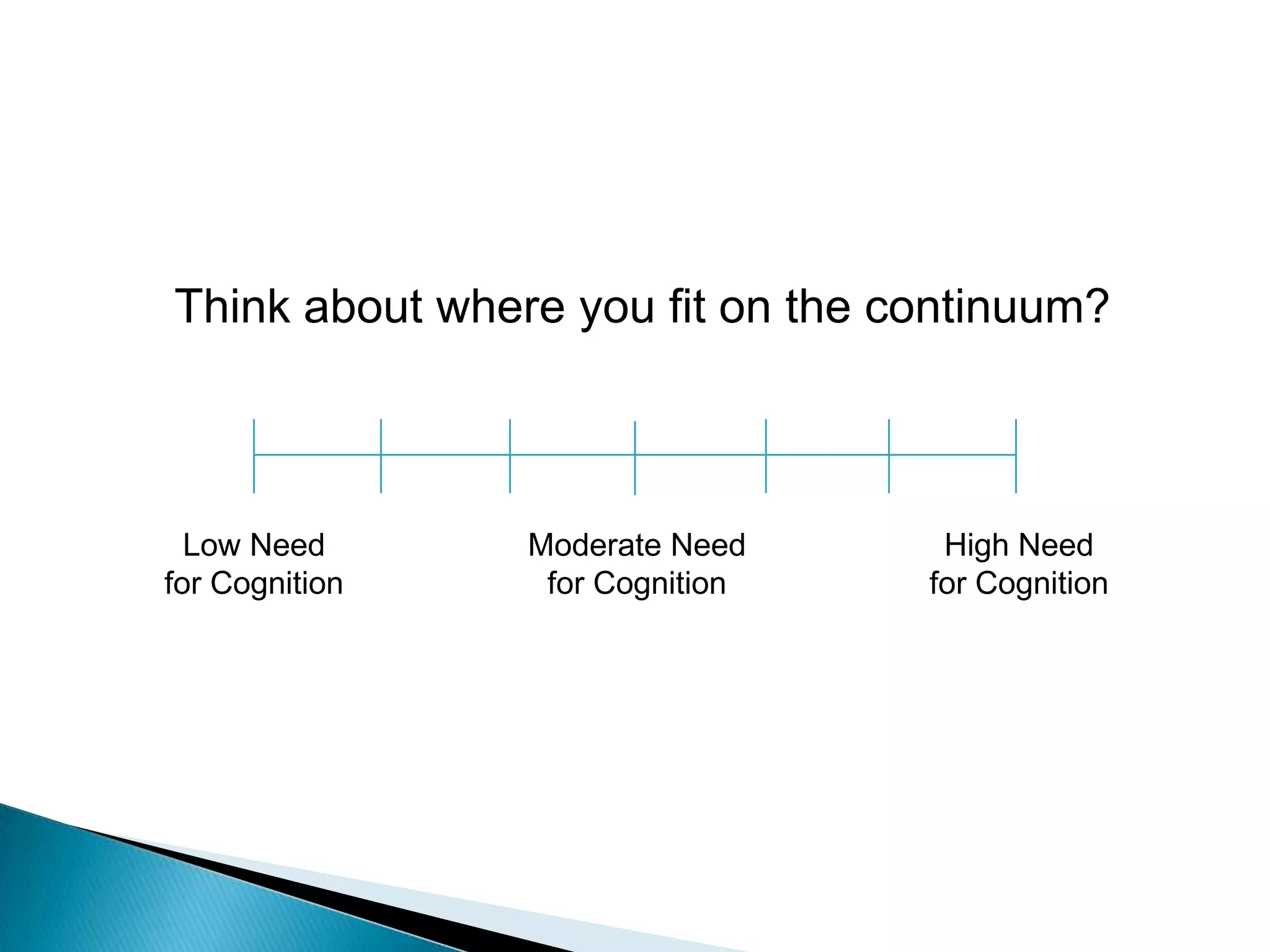 Think about where you fit on the continuum?Low Need for CognitionHigh Need for CognitionModerate Need for Cognition