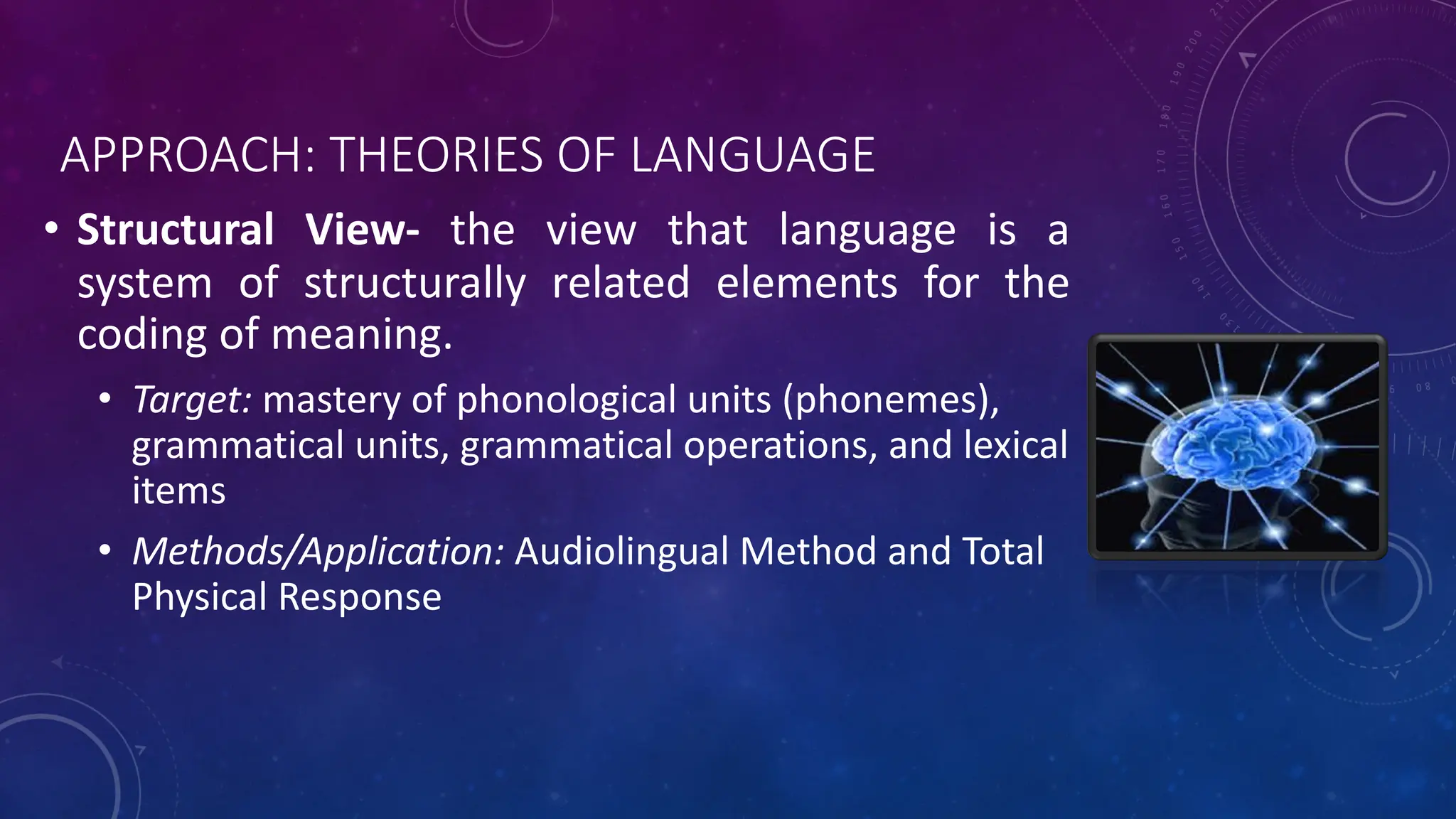 APPROACH: THEORIES OF LANGUAGE
• Structural View- the view that language is a
system of structurally related elements for the
coding of meaning.
• Target: mastery of phonological units (phonemes),
grammatical units, grammatical operations, and lexical
items
• Methods/Application: Audiolingual Method and Total
Physical Response
 