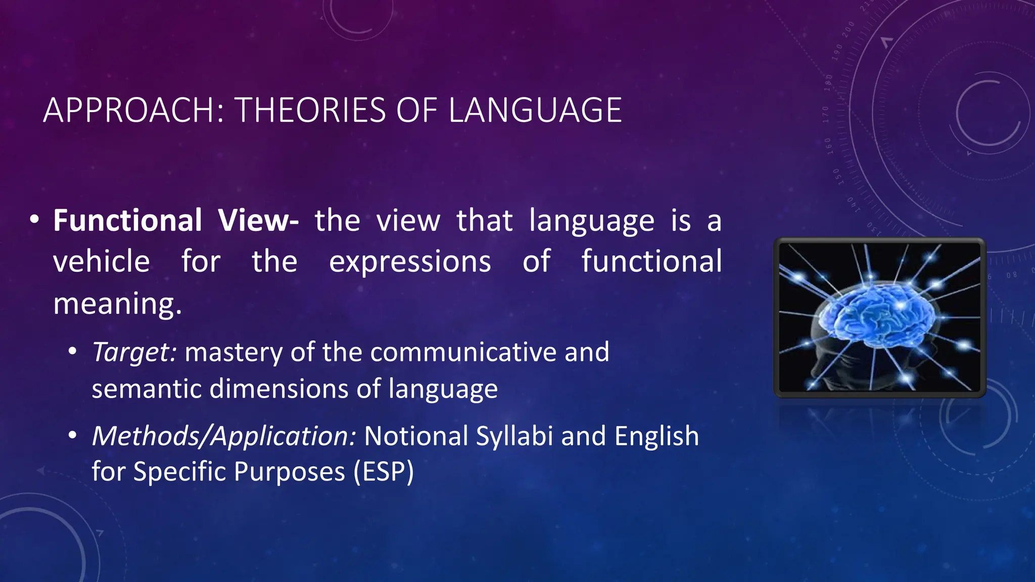 APPROACH: THEORIES OF LANGUAGE
• Functional View- the view that language is a
vehicle for the expressions of functional
meaning.
• Target: mastery of the communicative and
semantic dimensions of language
• Methods/Application: Notional Syllabi and English
for Specific Purposes (ESP)
 