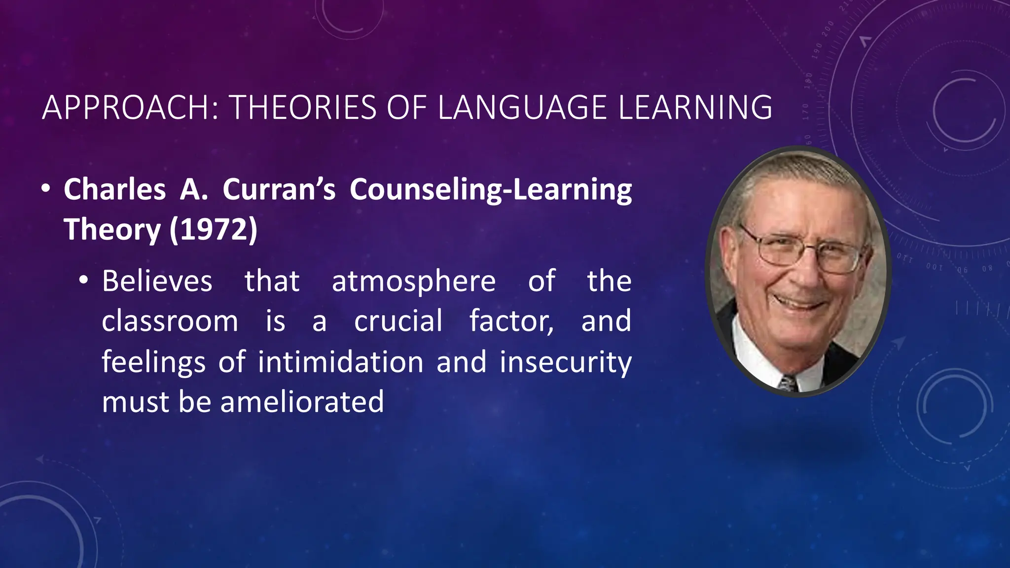 APPROACH: THEORIES OF LANGUAGE LEARNING
• Charles A. Curran’s Counseling-Learning
Theory (1972)
• Believes that atmosphere of the
classroom is a crucial factor, and
feelings of intimidation and insecurity
must be ameliorated
 