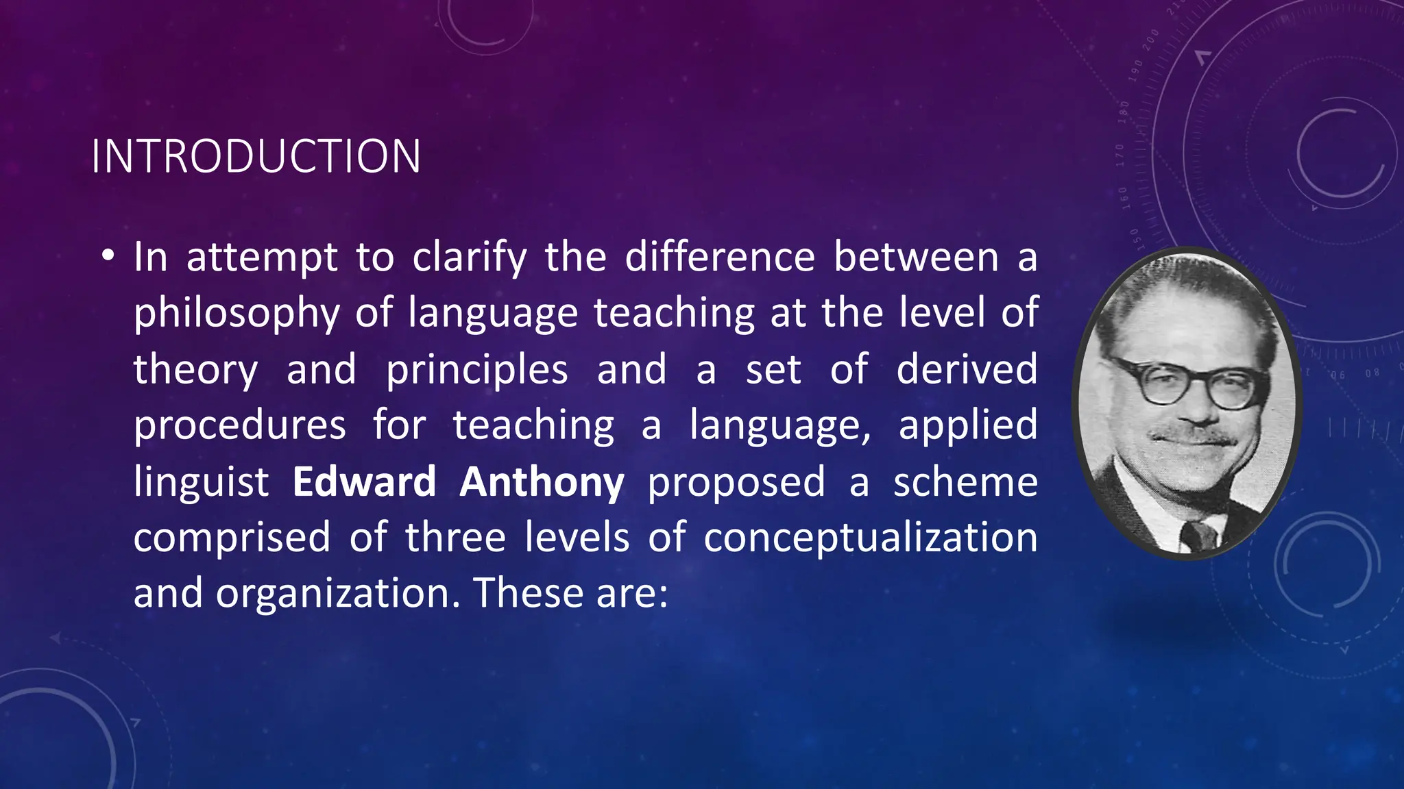 INTRODUCTION
• In attempt to clarify the difference between a
philosophy of language teaching at the level of
theory and principles and a set of derived
procedures for teaching a language, applied
linguist Edward Anthony proposed a scheme
comprised of three levels of conceptualization
and organization. These are:
 