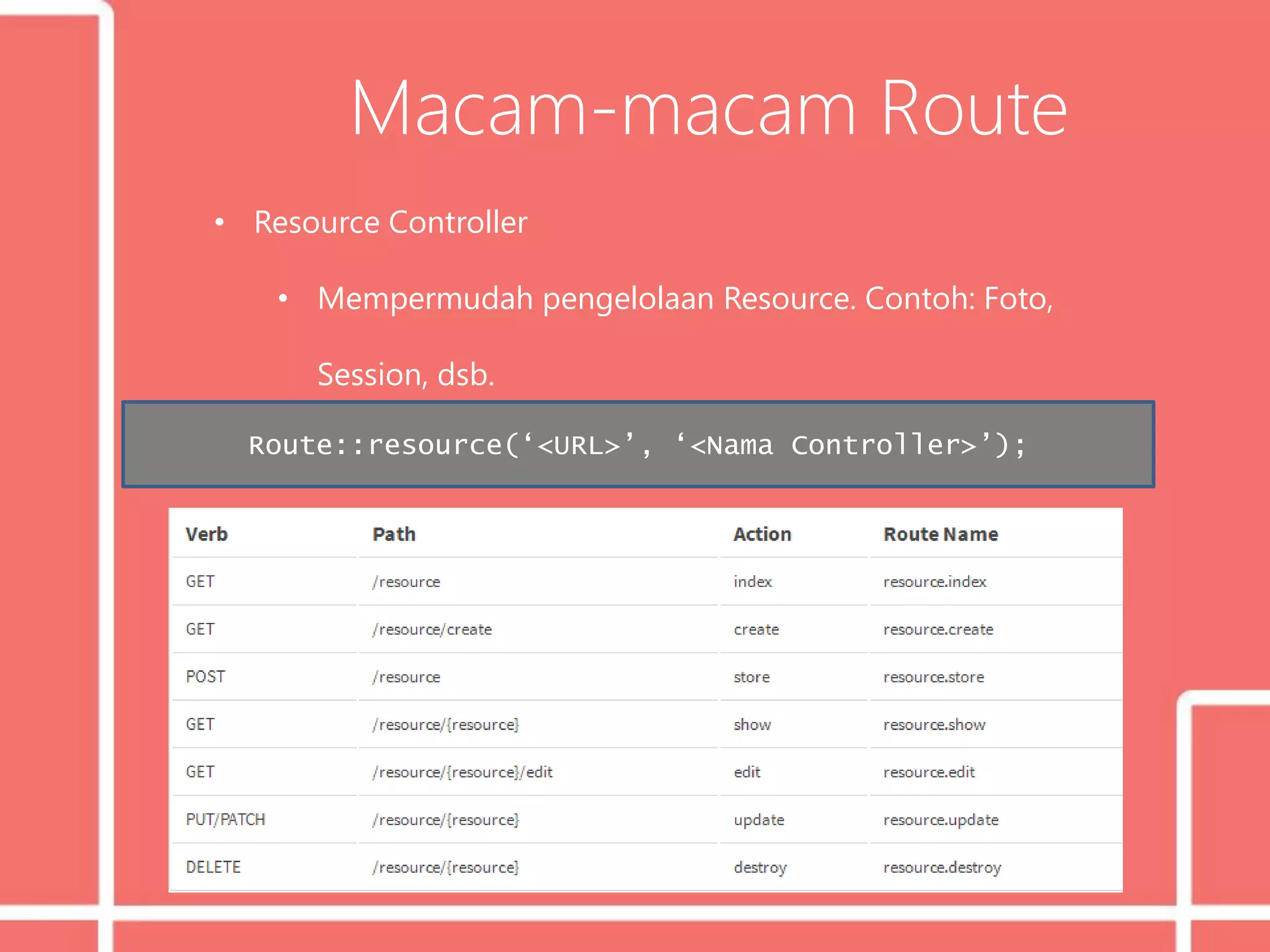 Macam-macam Route
• Resource Controller
• Mempermudah pengelolaan Resource. Contoh: Foto,
Session, dsb.
Route::resource(‘<URL>’, ‘<Nama Controller>’);
 
