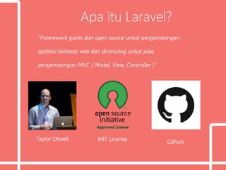 Apa itu Laravel?
“Framework gratis dan open source untuk pengembangan
aplikasi berbasis web dan dirancang untuk pola
pengembangan MVC ( Model, View, Controller )”
Taylor Otwell MIT License Github
 