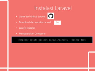 Instalasi Laravel
• Clone dari Github Laravel
• Download dari website Laravel
• Laravel Installer
• Menggunakan Composer
composer create-project laravel/laravel --prefer-dist
 
