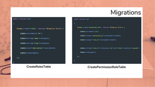 Migrations
CreateRolesTable CreatePermissionRoleTable
 