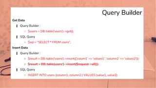 Query Builder
Get Data
� Query Builder :
○ $users = DB::table('users')->get();
� SQL Query
○ $sql = "SELECT * FROM users”;
Insert Data
� Query Builder :
○ $result = DB::table('users')->insert([‘colum1’ => ‘values1’, ‘column2’ => ‘values2’]);
○ $result = DB::table(users’)->insert($request->all());
� SQL Query
○ INSERT INTO users (column1, column2.) VALUES (value1, value2)
 