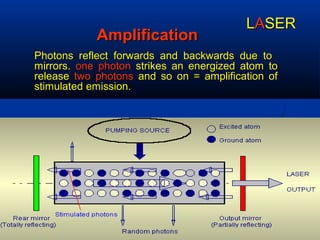 AmplificationAmplification
Photons reflect forwards and backwards due toPhotons reflect forwards and backwards due to
mirrors.mirrors. one photonone photon strikes an energized atom tostrikes an energized atom to
releaserelease two photonstwo photons and so on = amplification ofand so on = amplification of
stimulated emission.stimulated emission.
LLAASERSER
 