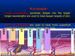 Longer wavelengthsLonger wavelengths penetrate deeper into the target,penetrate deeper into the target,
longer wavelengths are used to treat deeper targets of skin.longer wavelengths are used to treat deeper targets of skin.
Shorter wavelengthsShorter wavelengths are used to treat more superficialare used to treat more superficial
targets and avoid damaging deeper skin partstargets and avoid damaging deeper skin parts..
WavelengthWavelength
 