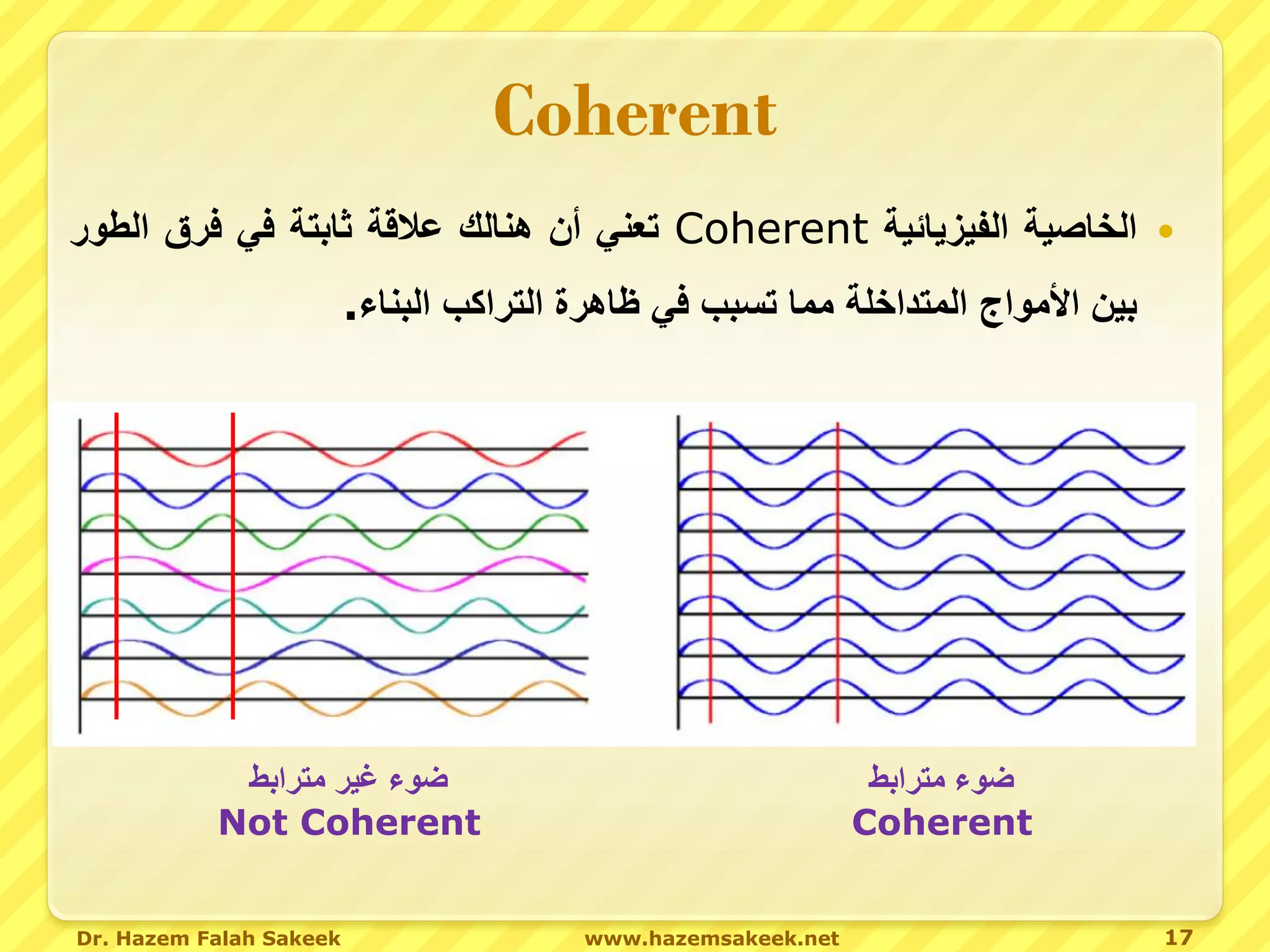 ‫‪Coherent‬‬
‫الخاصية الفيزيائية ‪ Coherent‬تعني أن هنالك عالقة ثابتة في فرق الطور‬                 ‫‪‬‬

                         ‫بين األمواج المتداخلة مما تسبب في ظاهرة التراكب البناء.‬




            ‫ضوء غير مترابط‬                                      ‫ضوء مترابط‬
           ‫‪Not Coherent‬‬                                        ‫‪Coherent‬‬


‫‪Dr. Hazem Falah Sakeek‬‬                   ‫‪www.hazemsakeek.net‬‬                       ‫71‬
 